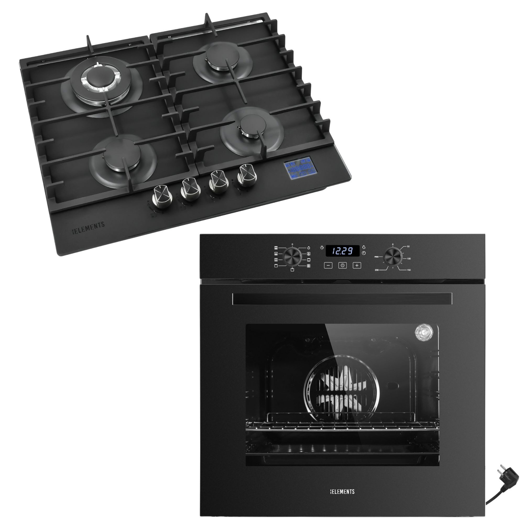 KB Elements Backofen-Set Einbaubackofen 60 cm mit Gaskochfeld 4 Flammig, Aqua Clean, Gaskochfeld mit digitalem Gasstopp-Timer