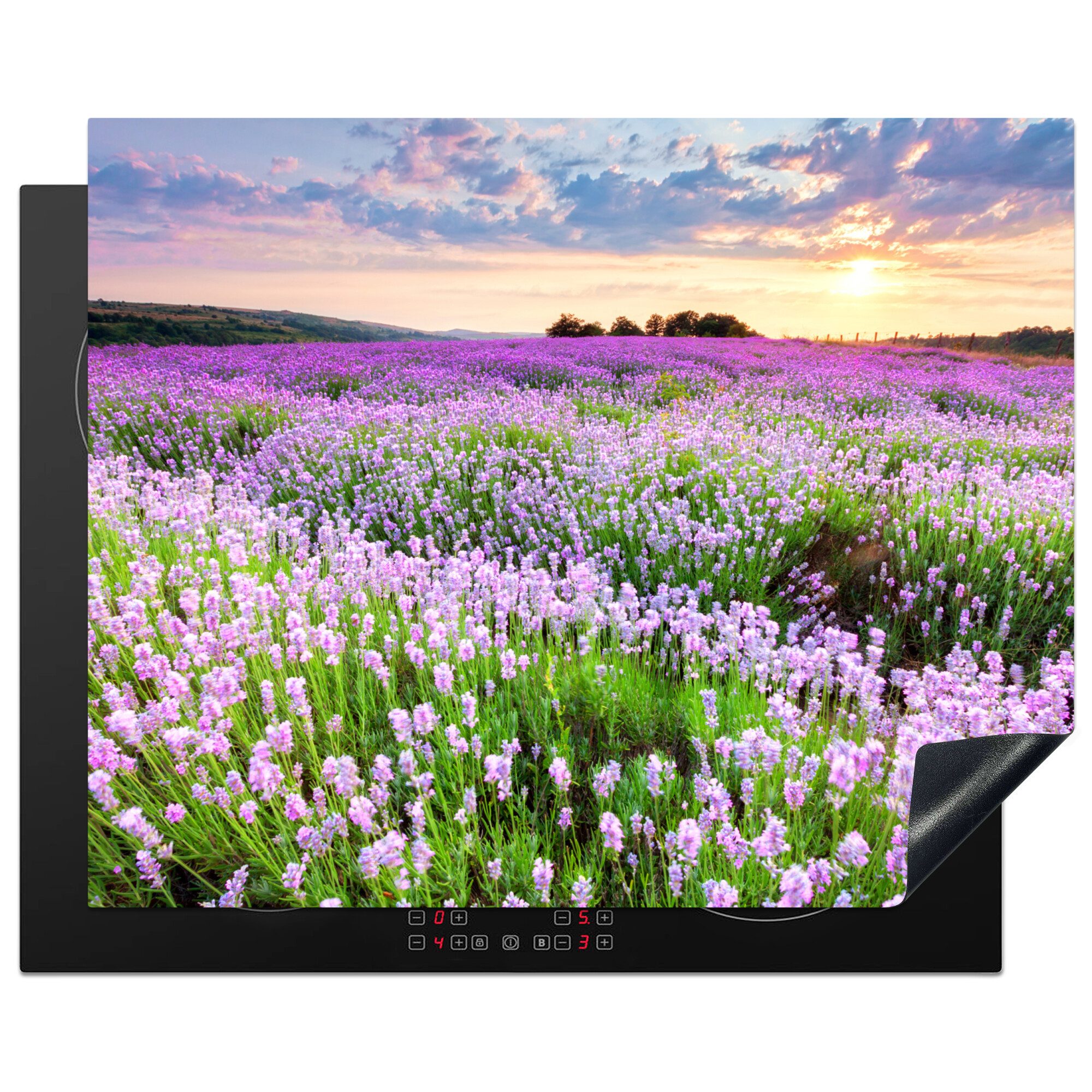 MuchoWow Herd-Abdeckplatte Blumen - Lavendel - Lila - Himmel - Sonnenuntergang - Wiese - Natur, Vinyl, (1 tlg), Abdeckung Induktionskochfeld Schutzmatte, Küche Deko, 65x52 cm