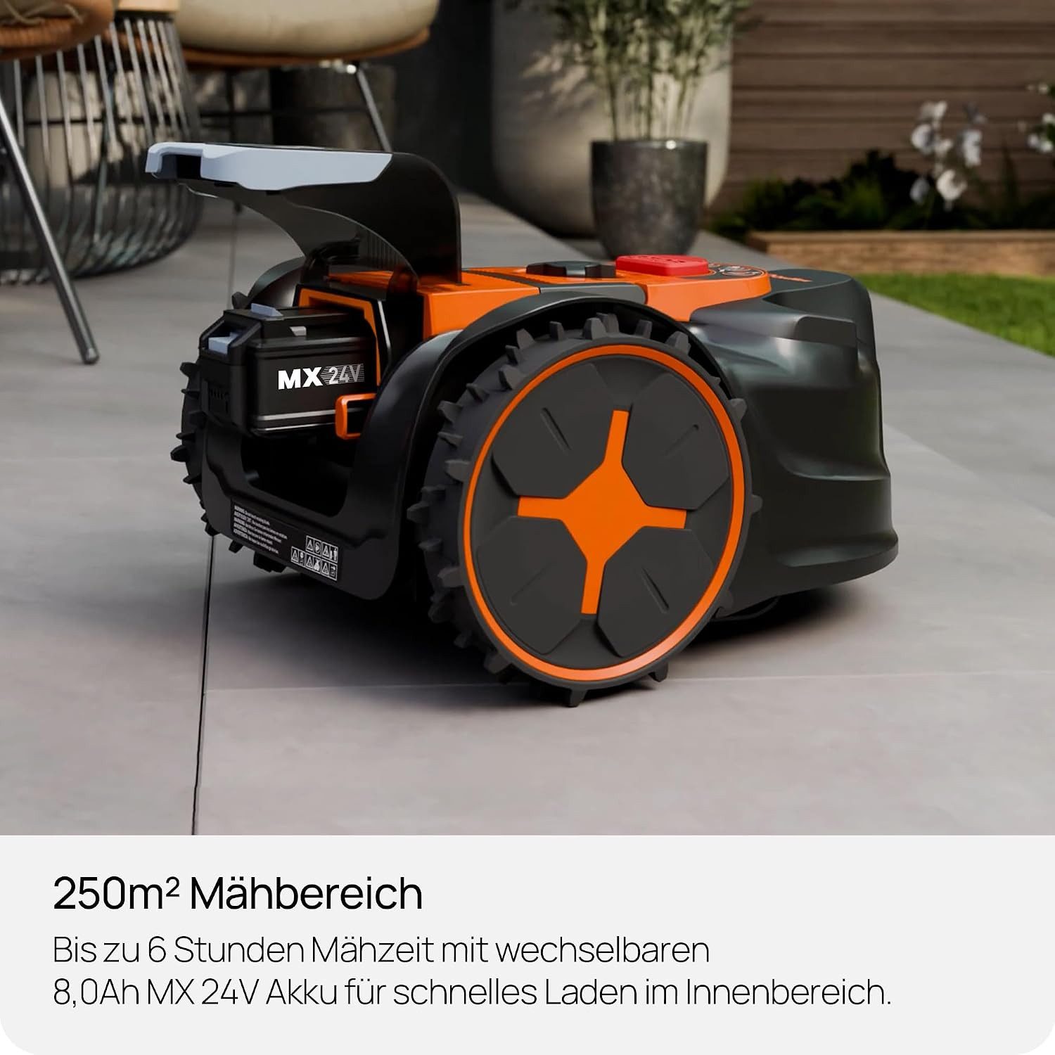 Lawnmaster Rasenmähroboter OcuMow® Mähroboter ohne Begrenzungskabel für bis zu 250 m², bis 250 m² Rasenfläche, (automatische Hinderniserkennung, Drop & Mow Roboterrasenmäher, 1-St), Vision-Navigation, systematisches Mähen in parallelen Bahnen