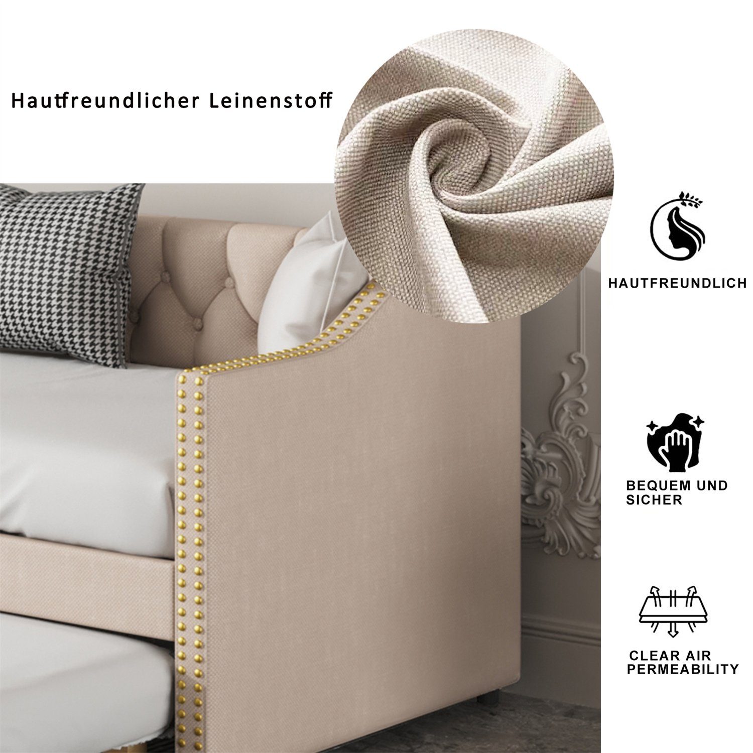 Daybett (Polsterbett mit Ausziehbarem Unterbett und Lattenrost), Schlafsofa Kinderbett Gästebett 90x200cm, Leinen