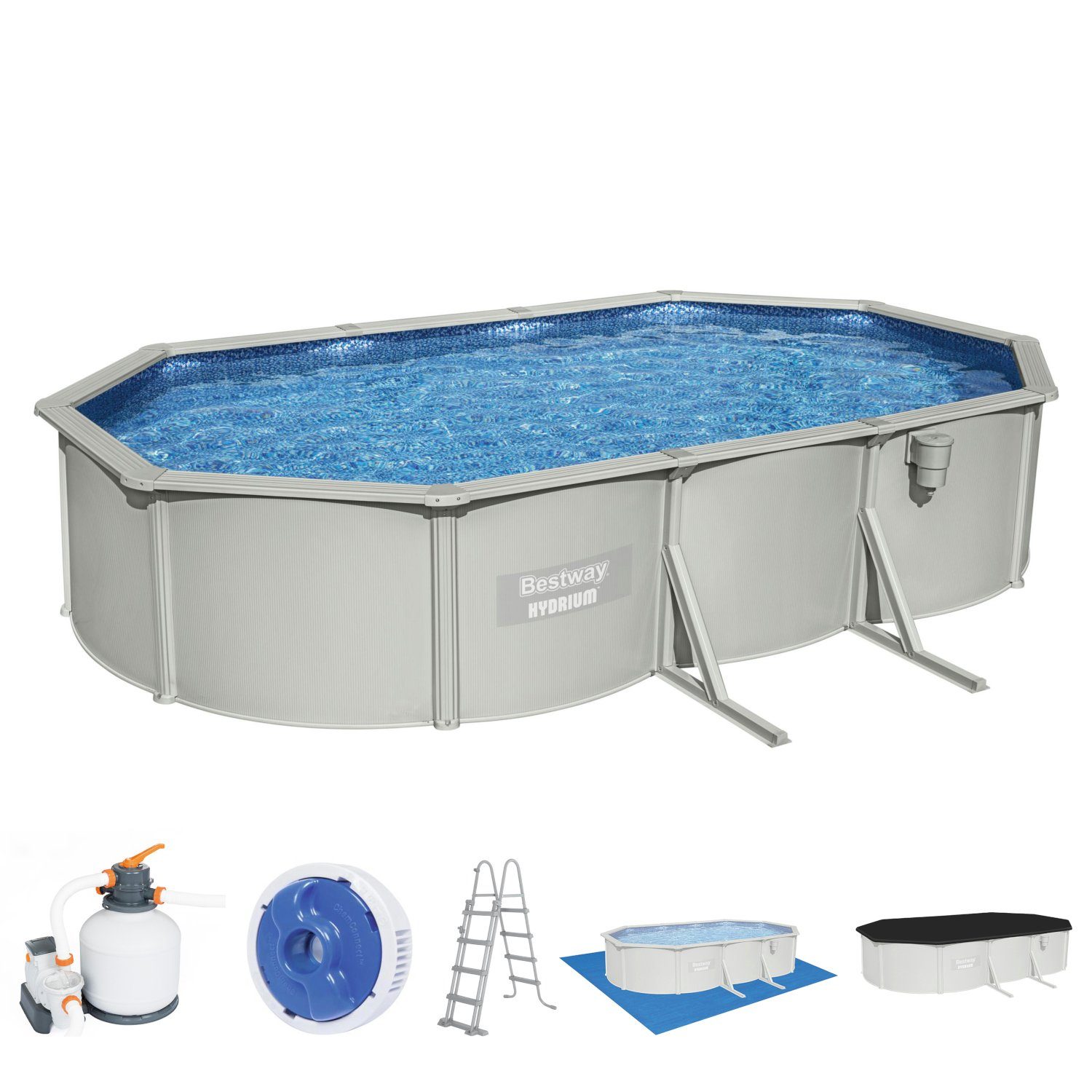 Bestway Framepool 56369 Hydrium™ Stahlwandpool 610 x 360 x 120 cm (Komplett Set, 9-tlg., Pool, Sandfilteranlage, Leiter, Plane, Chemikaliendosierer)