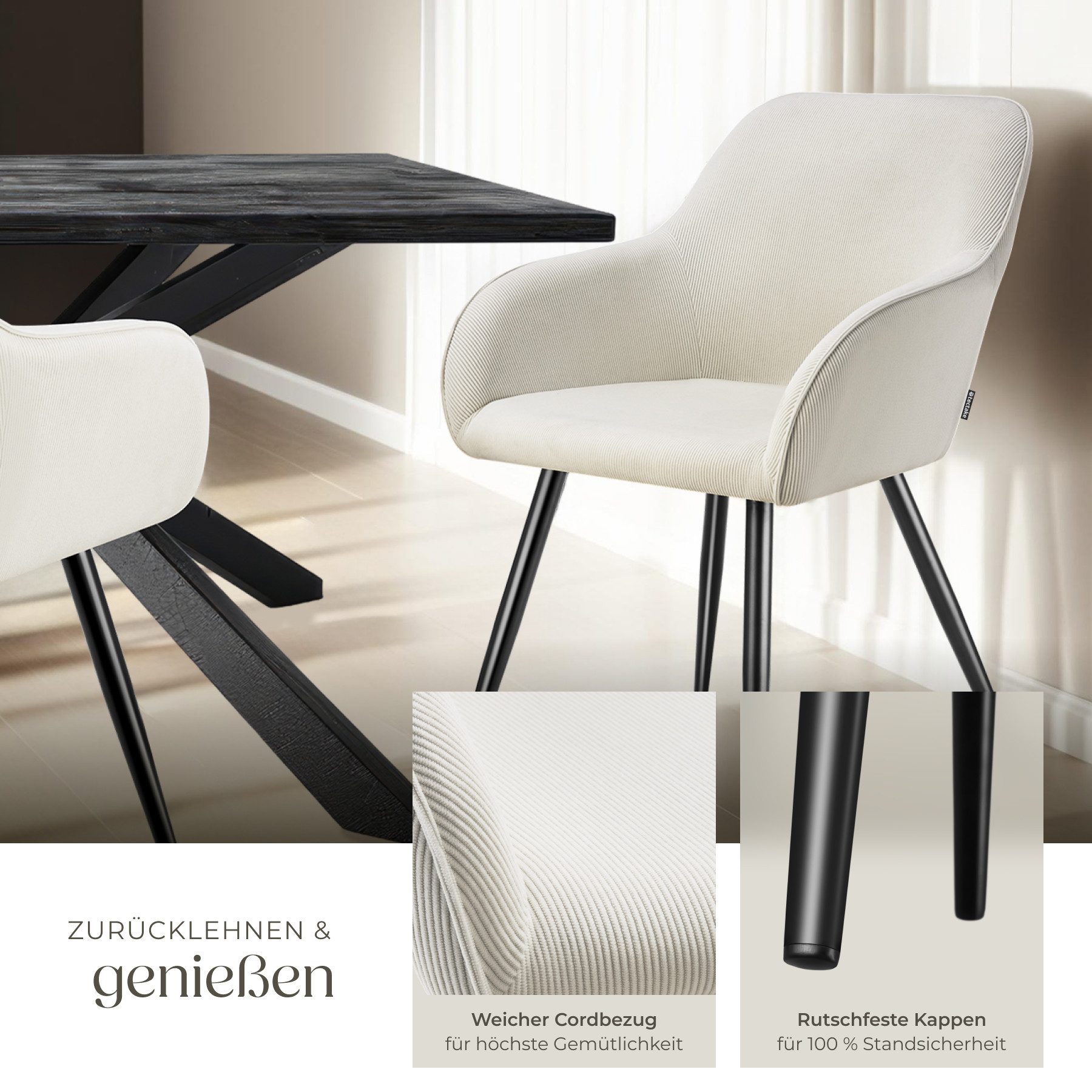 tectake Esszimmerstuhl Küchenstuhl gepolstert, in Cordoptik, 58 x 62 x 82 cm (Wohnzimmerstuhl Marilyn in creme/schwarz, 1 St), durchgehende Lehne, Stahlbeine, b – Bild 4 von 5