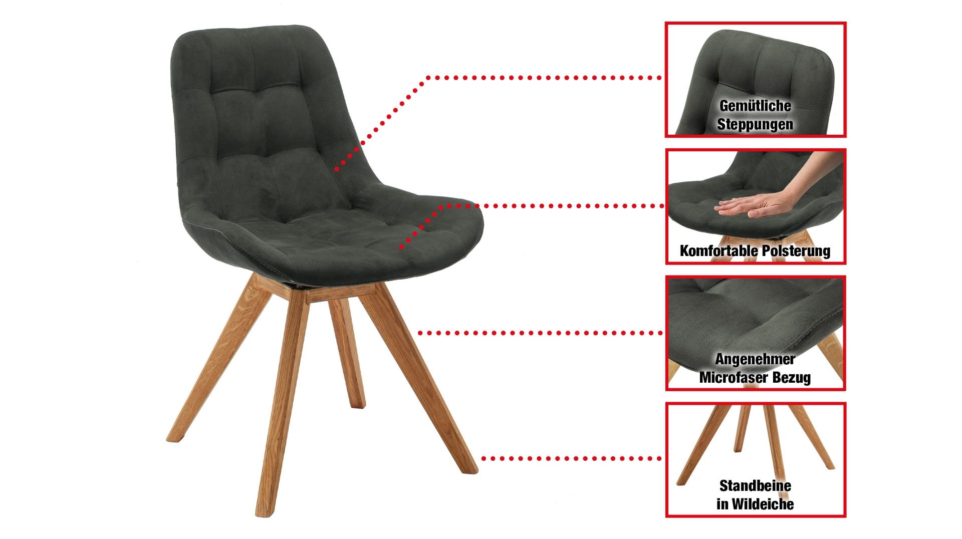 Massivart® Polsterstuhl Polsterstuhl, Esszimmerstuhl, anthrazit, »Belfast«, mit Absteppungen · Standbeine Massivholz Wildeiche geölt