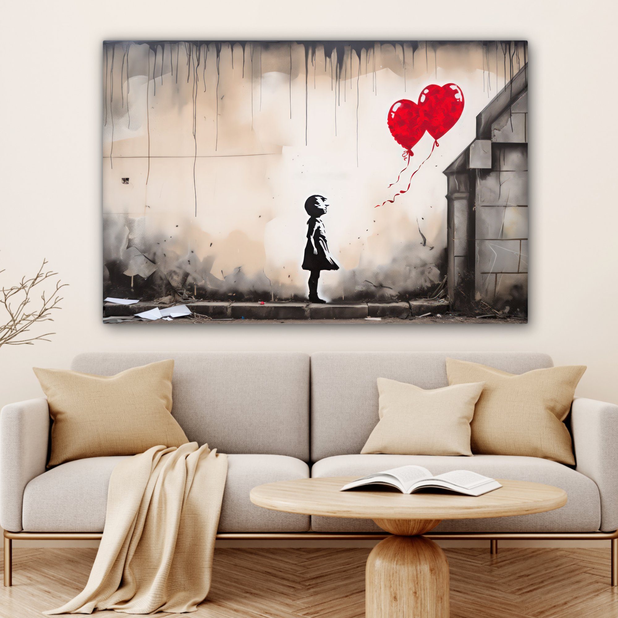 - Kunst großes, cm - - Leinwandbild 120x80 Wohnbereiche, Luftballons alle OneMillionCanvasses® für XXL, - Wandbild Gemälde, Herz (1 Mädchen St), Grau,