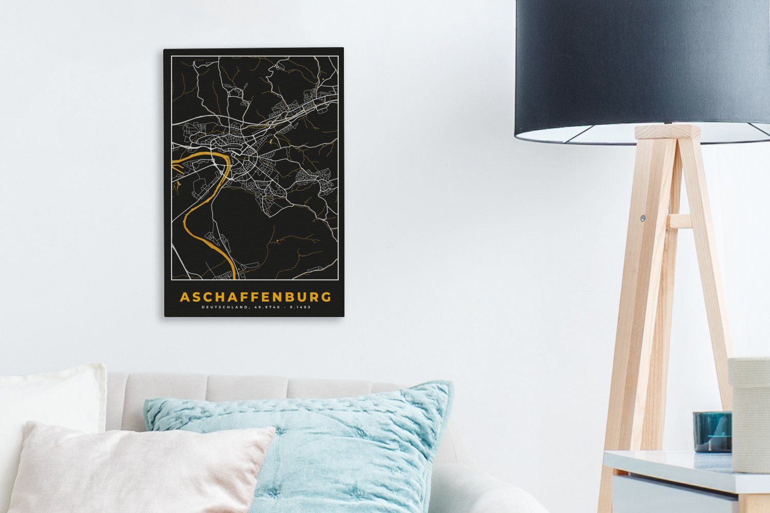 cm Karte St), Zackenaufhänger, - OneMillionCanvasses® - 20x30 Aschaffenburg, Stadtplan fertig (1 Leinwandbild Gold - - inkl. Gemälde, Leinwandbild bespannt Deutschland