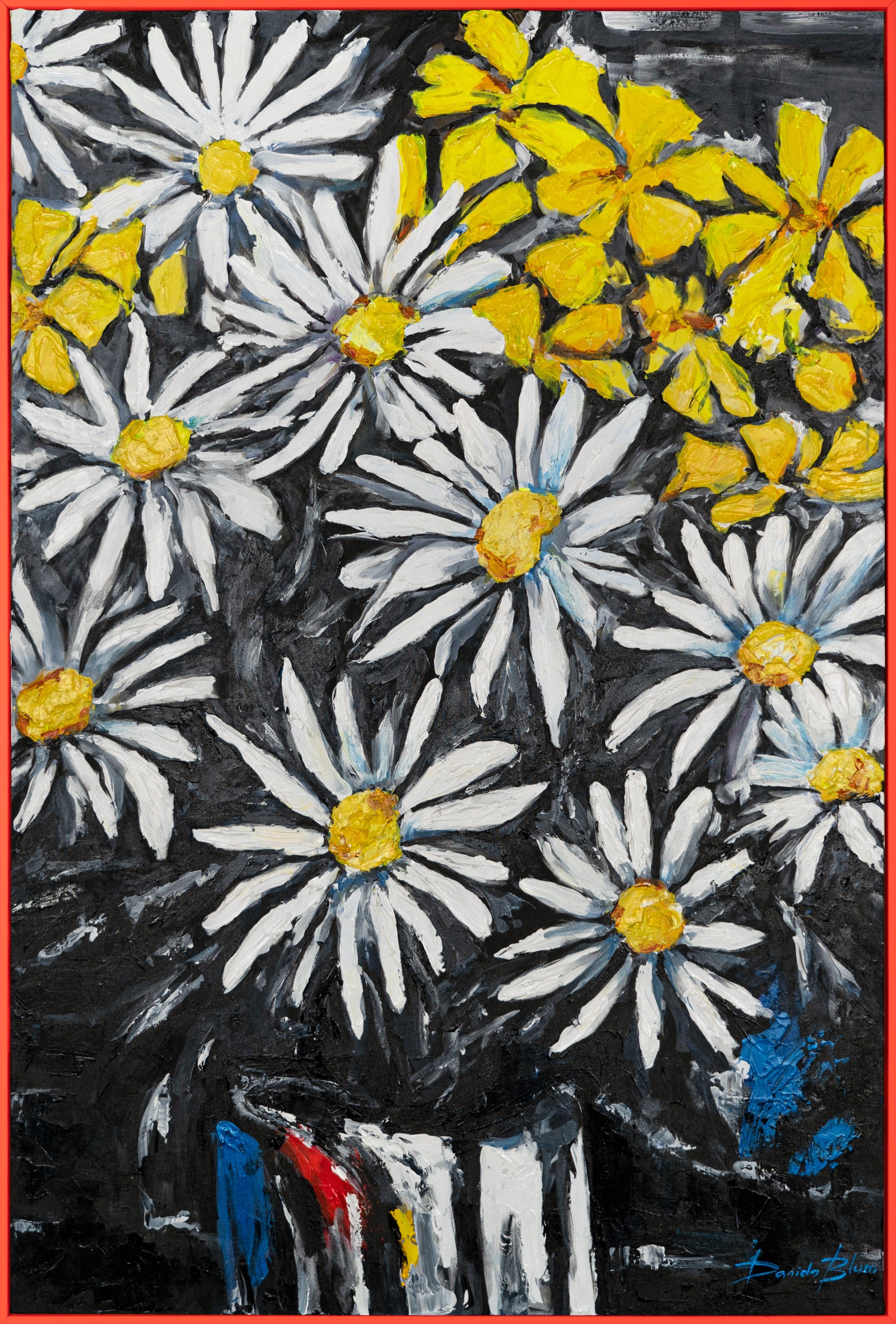 YS-Art Gemälde Schneeweiße Margeriten, Mit Blumen Rot Rahmen in