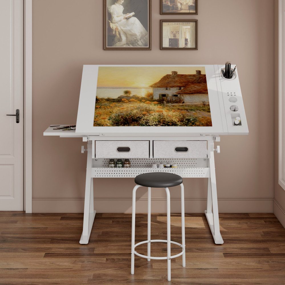 BBWL Zeichentisch mit 2 Schubladen MDF Holz Schreibtisch inkl Hocker, Zeichentisch höhenverstellbar für Home Office Schule – Bild 3 von 5