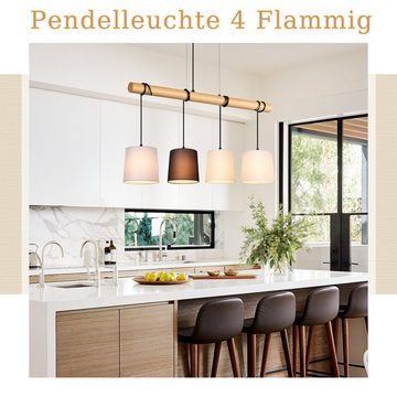 Nettlife Pendelleuchte Holz Esszimmer 4 Flammig Weiß Vintage E14 Hängeleuchte Rustikal Stoff, Höhenverstellbar, LED wechselbar, Wohnzimmer Küche Restaurant Schlafzimmer Flur