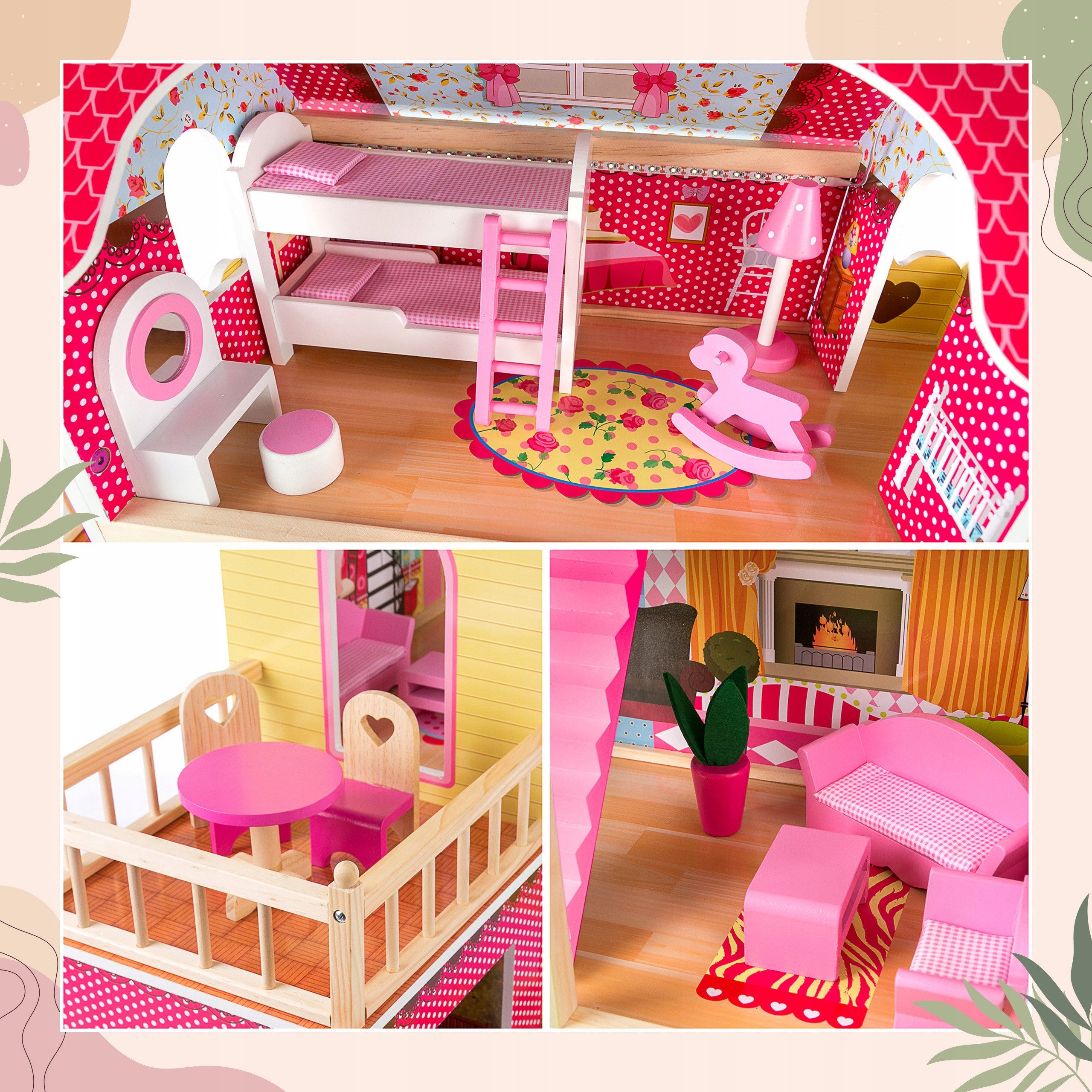 Kinderplay Dolls & Strollers Dollhouse Wooden Villa – 3 Floors with LED Lights – Playhouse with Garage