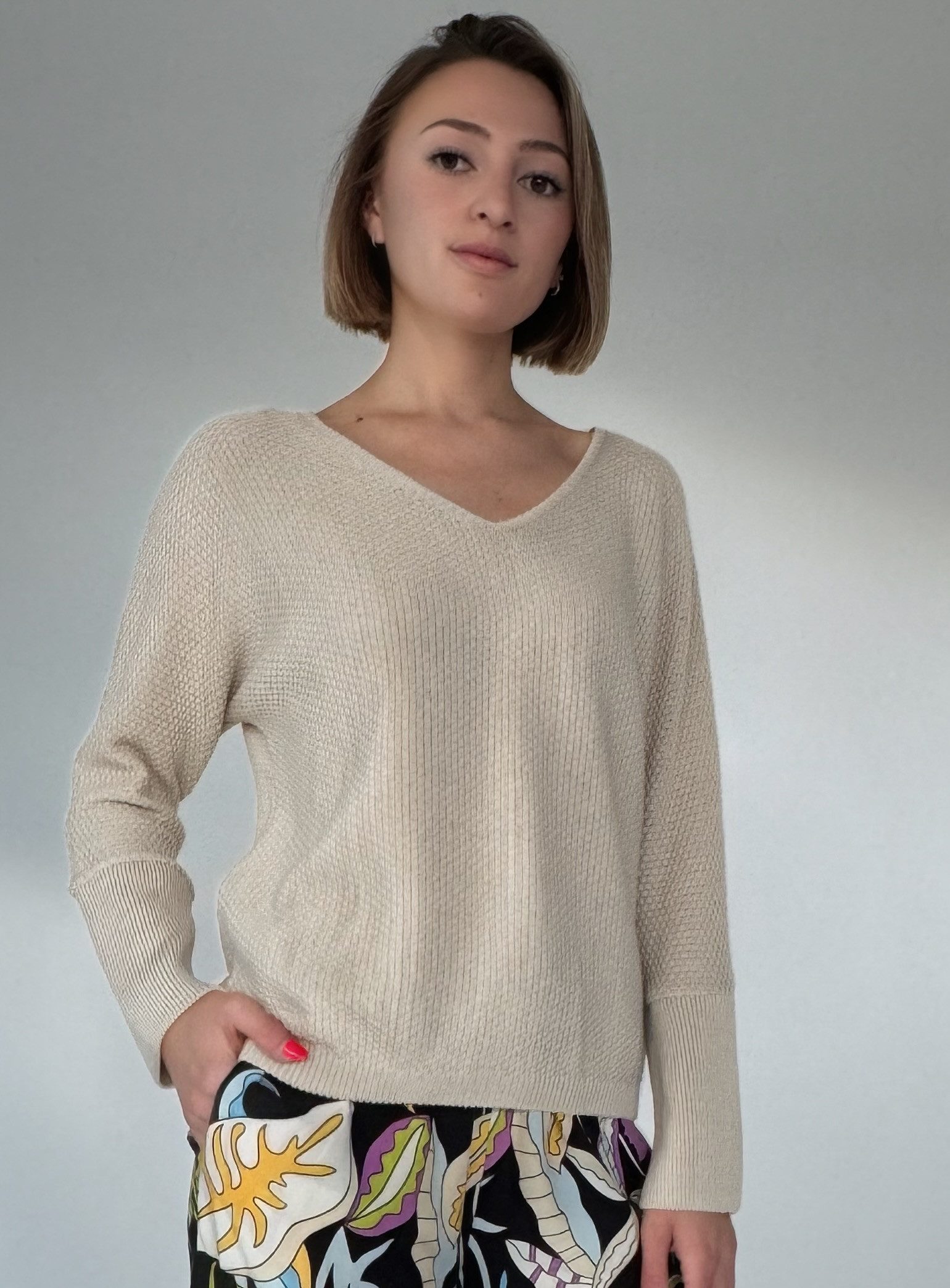 Zuckerwatte V-Ausschnitt-Pullover Strukturstrick, aus weicher Baumwollmisch günstig online kaufen