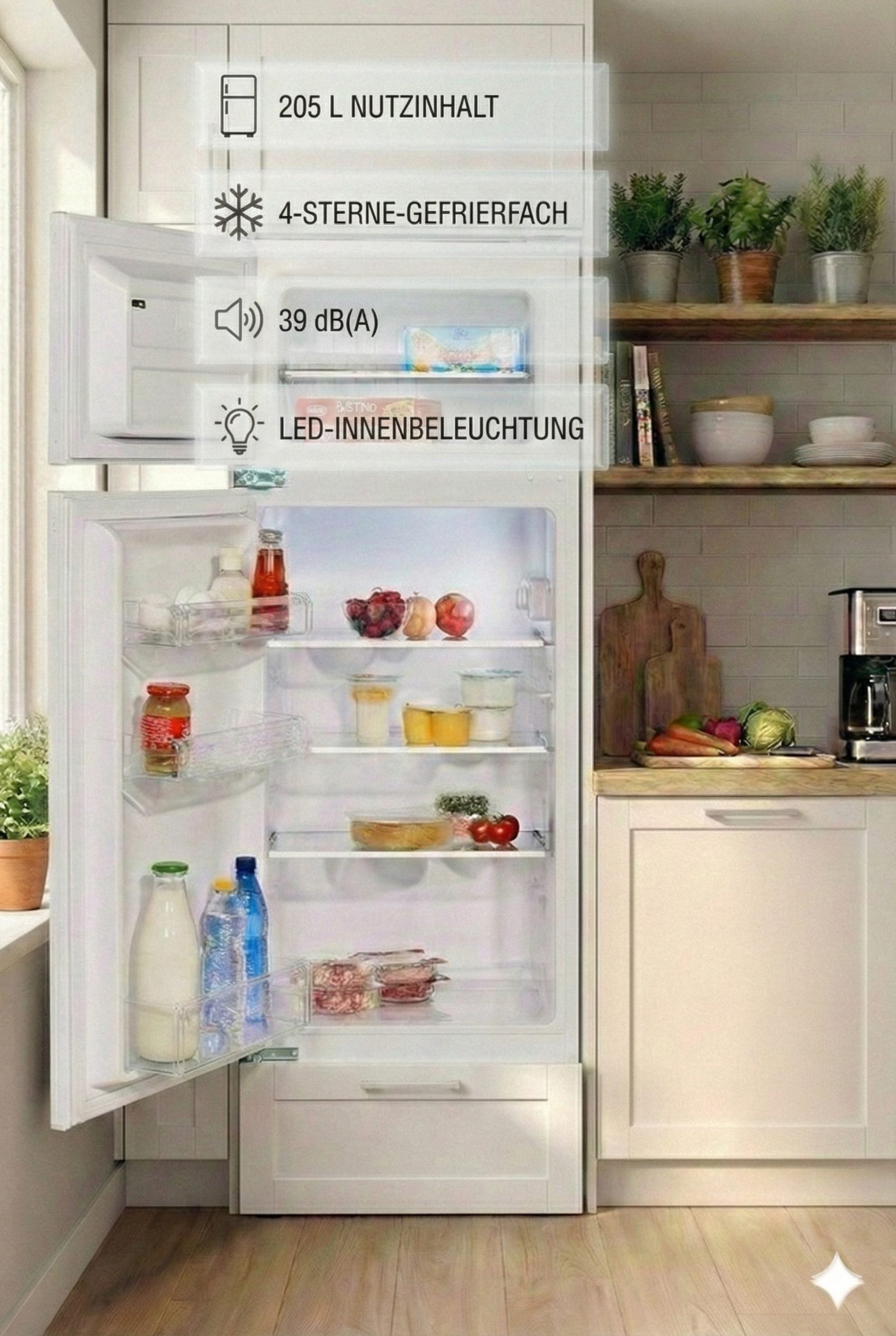YUNA Einbaukühlschrank Fedora EKG225E, 145 cm hoch, 54 cm breit, Schlepptür wechselbarer Türanschlag Gefrierkombi LED Beleuchtung – Bild 5 von 5