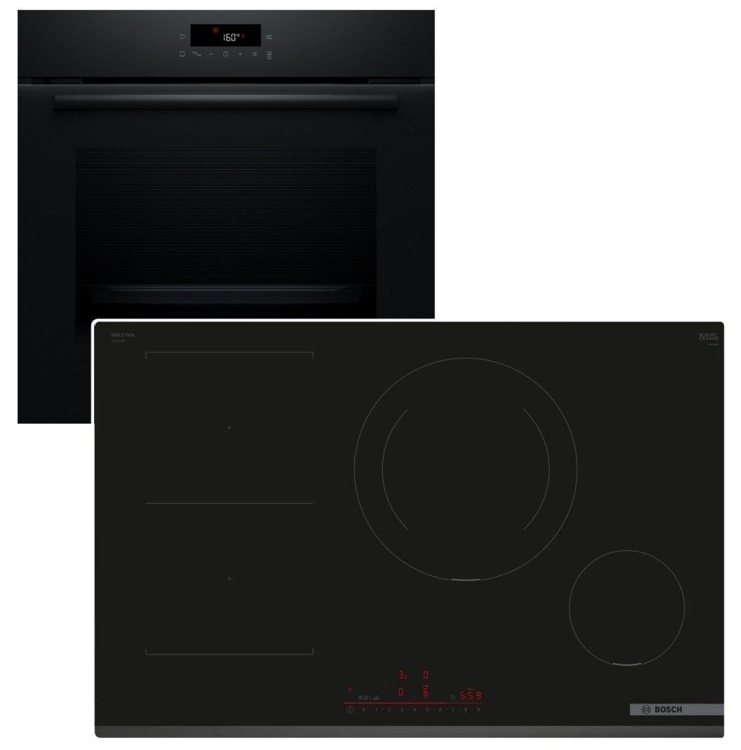BOSCH Backofen-Set Einbaubackofen 3D-Heißluft Pyrolyse + Induktionskochfeld 80cm Booster, mit Nein, Pyrolyse-Selbstreinigung Hydrolyse