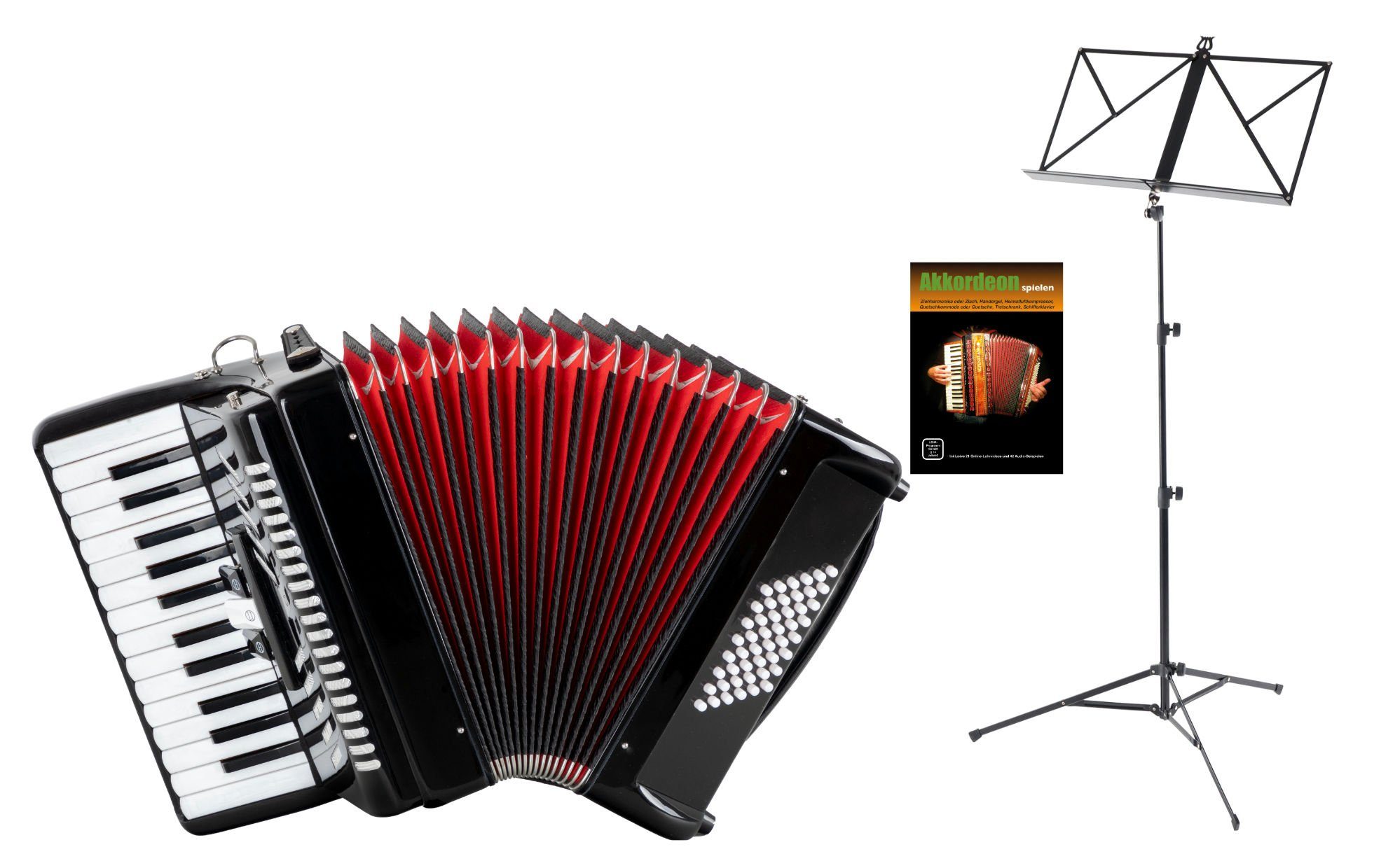 Classic Cantabile Knopf-Akkordeon "Secondo V" - 48 Bass Tastenakkordeon - 2-chörig - 26 Diskanttasten (Schüler-Set, inkl. Tasche, Tragegurte, Notenständer & Schule), inkl. Tasche, Tragegurte, Notenständer & Schule