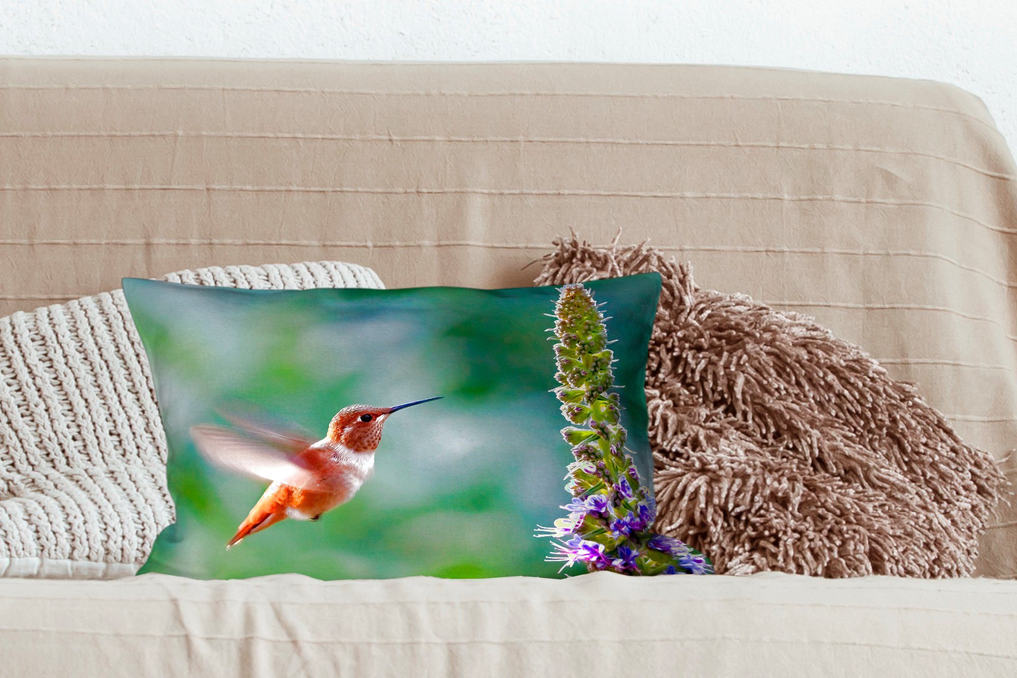 MuchoWow Dekokissen Vogel - Kolibri Zierkissen, mit Schlafzimmer Blume, Wohzimmer - Dekokissen Dekoration, Füllung