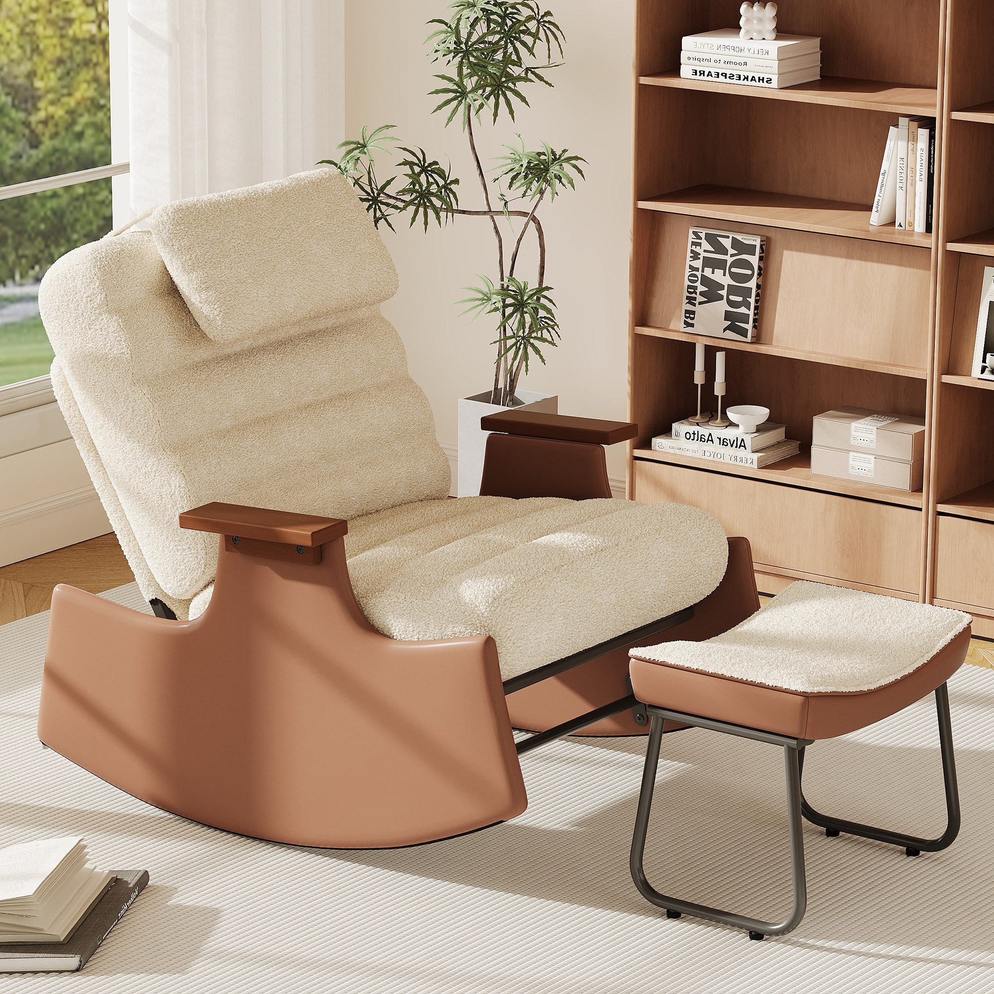Simurq Schaukelstuhl Relaxsessel verstellbar mit Hocker Lendenstütze Beige Cord (Set), 1-St) (Schaukelstuhl mit 3-fach Rückenlehne Kopfstütze Fußstütze