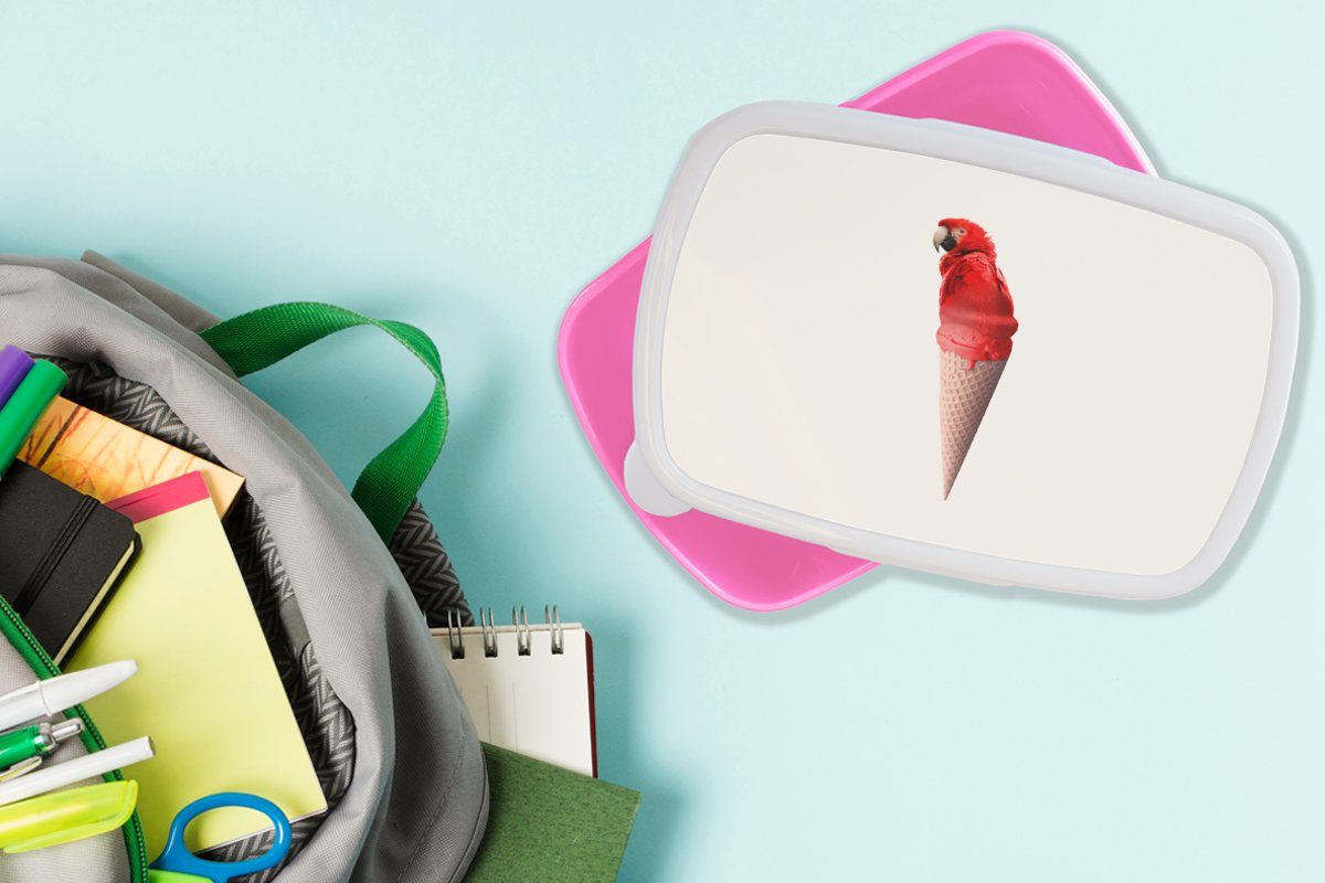 rosa - Lunchbox Kunststoff Rot Erwachsene, - Brotbox (2-tlg), Kinder, Eiscreme Brotdose Papagei Snackbox, - Kunststoff, Weiß, MuchoWow für Mädchen, - Eistüten