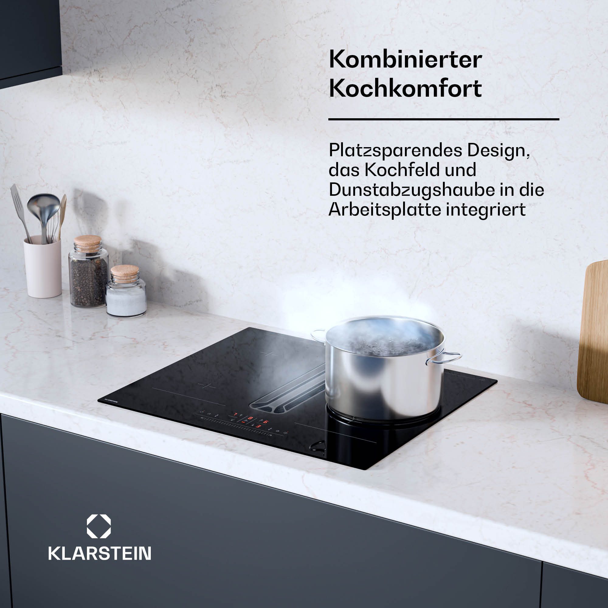 Klarstein Induktions-Kochfeld Airjet, Induktionskochfeld mit Dunstabzug 4 Zone Touch Umluft Abluft