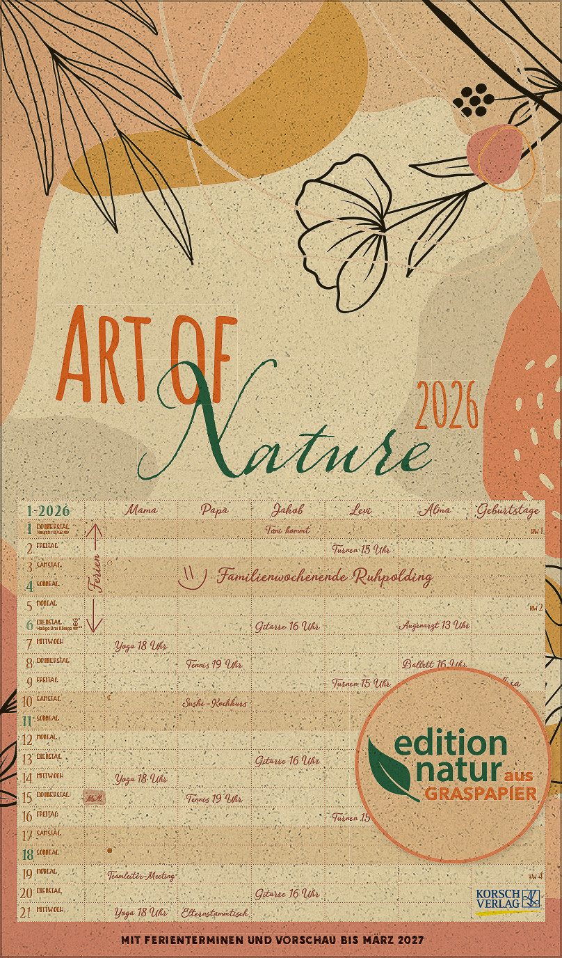 Korsch Verlag Familienkalender Korsch Kalender Familienplaner Art of Nature aus Graspapier 2026
