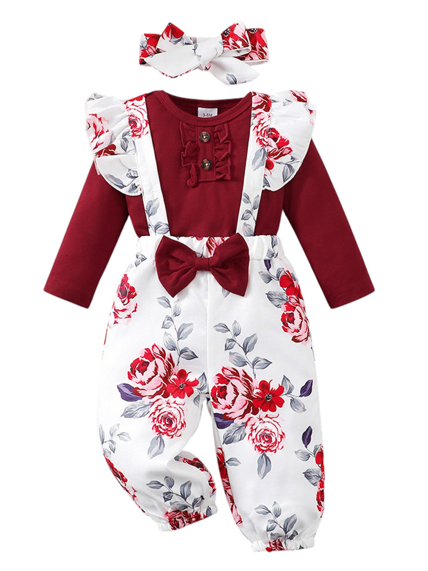 Gluckids Strampler Baby Mädchen Süßes Set Blumen Langarm Babykleidung Casual Anzug (3-tlg) Rüschen Overall + Hose+ Stirnband Set, Frühling Herbst Babykleidung