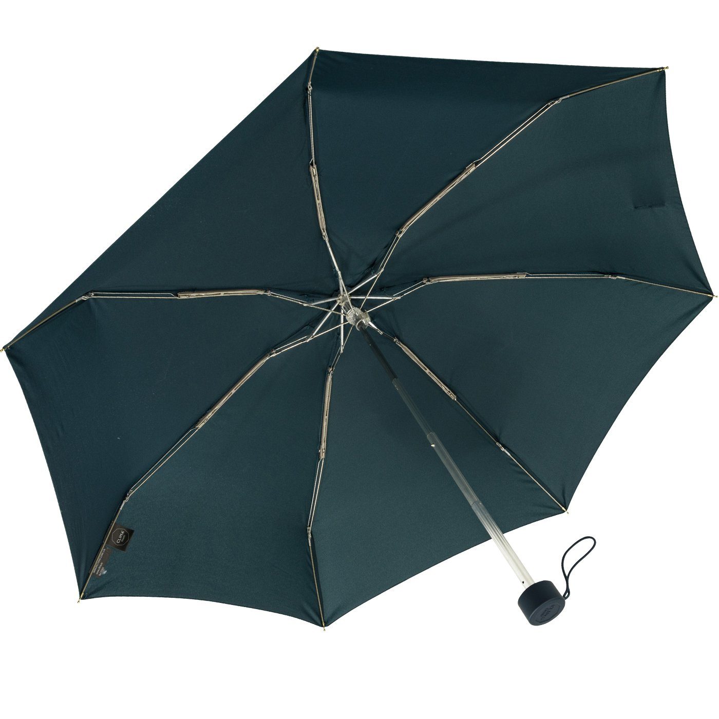 bisetti Taschenregenschirm Damen-Regenschirm, klein, stabil und kompakt, petrol, mit goldenem Aufdruck auf dem Schließband