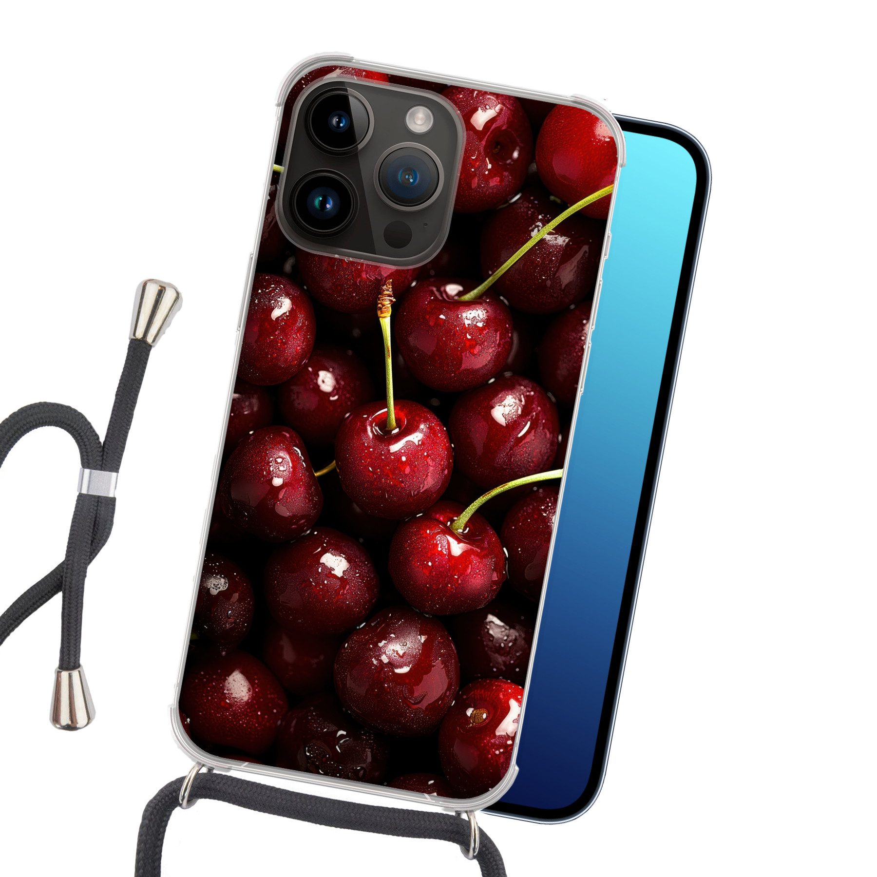 MuchoWow Handyhülle für Apple iPhone 14 Pro Rot - Obst - Kirsche, Tragbare Handyhüllen mit Kette zum umhängen, Handykette Handyband