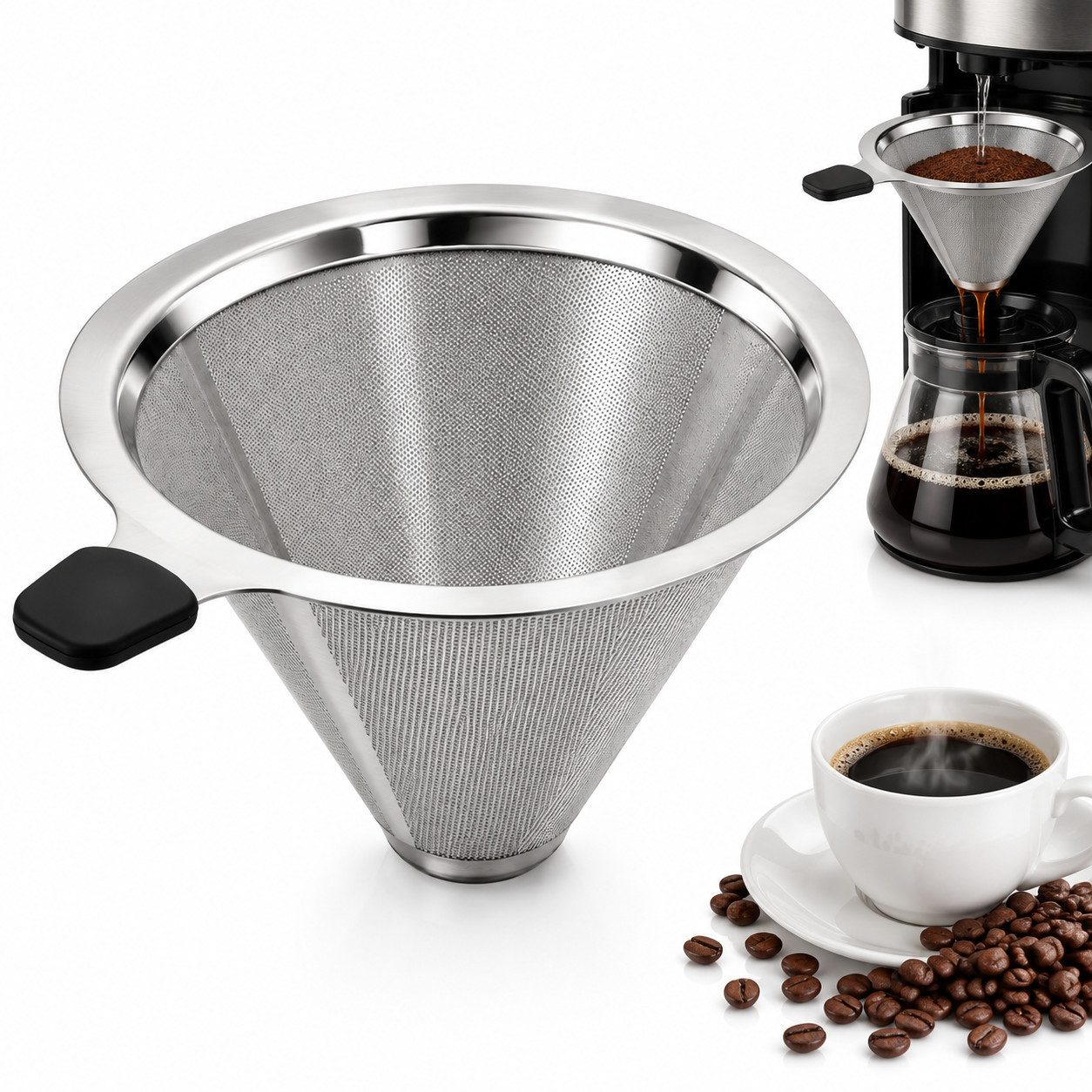 XEOOCE Korbfilter Edelstahl Kaffeefilter - Wiederverwendbarer Permanentfilter, Zubehör für Kaffeemaschinen, Handfilteraufgüsse, Doppellagige Filterung, kein Papierfilter nötig, geschmacksneutral
