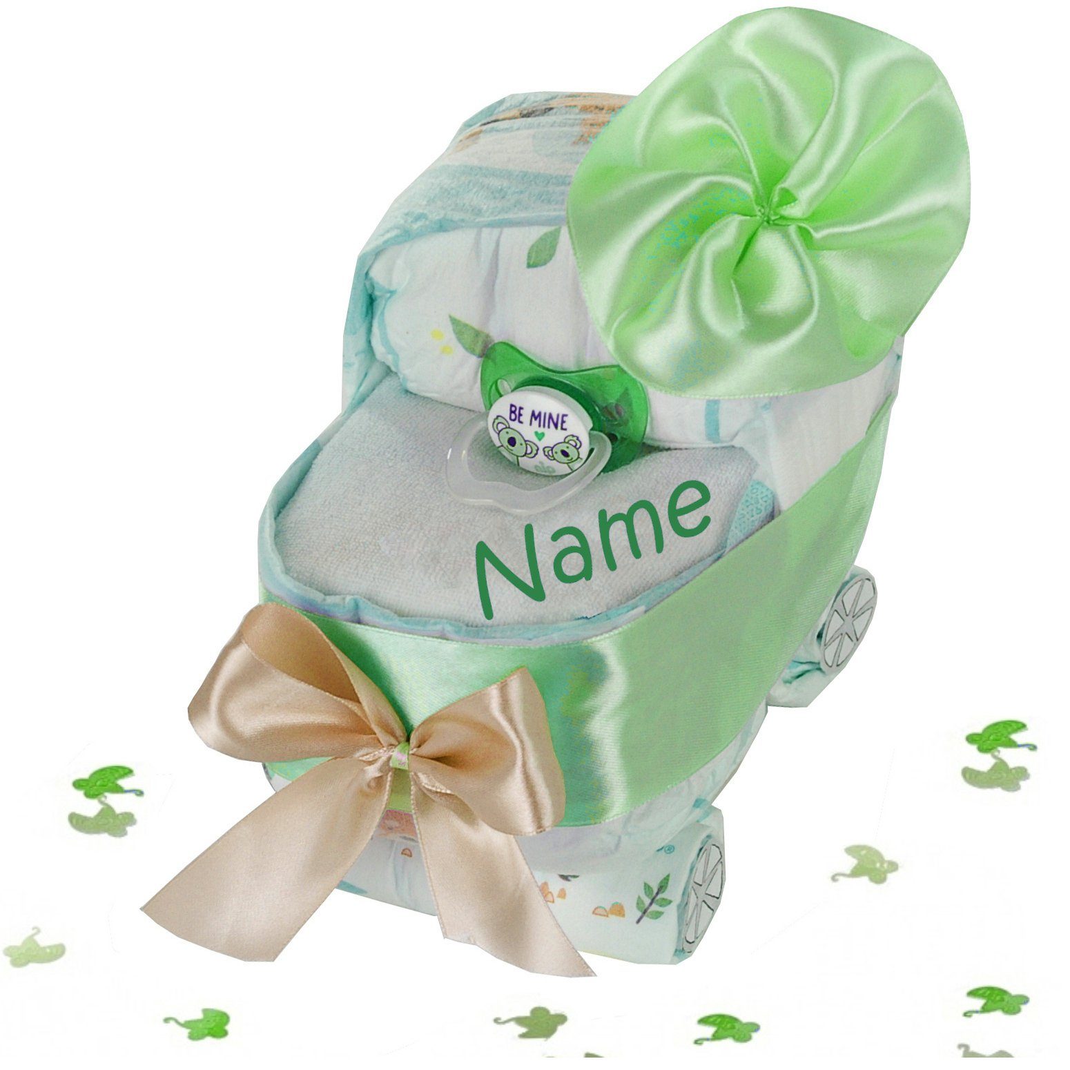 dubistda-WINDELTORTEN- Neugeborenen-Geschenkset Windeltorte Windelwagen + Baby Lätzchen mit Namen bedruckt 21-teilig