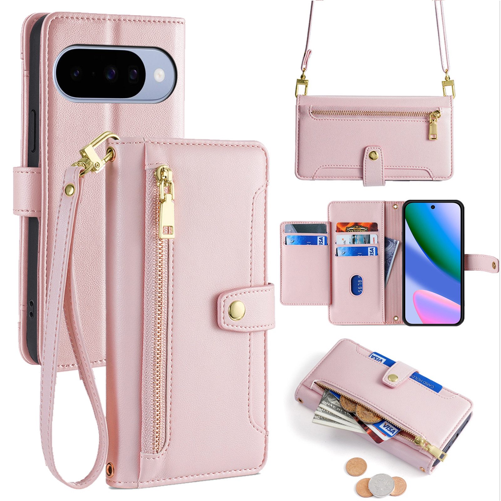 betterfon Handykette für Google Pixel 10 / 10 Pro mit Band Kartenfächer PU Leder Rosa, Hände frei - mit Silikonhülle & Schnur für flexiblen Alltag