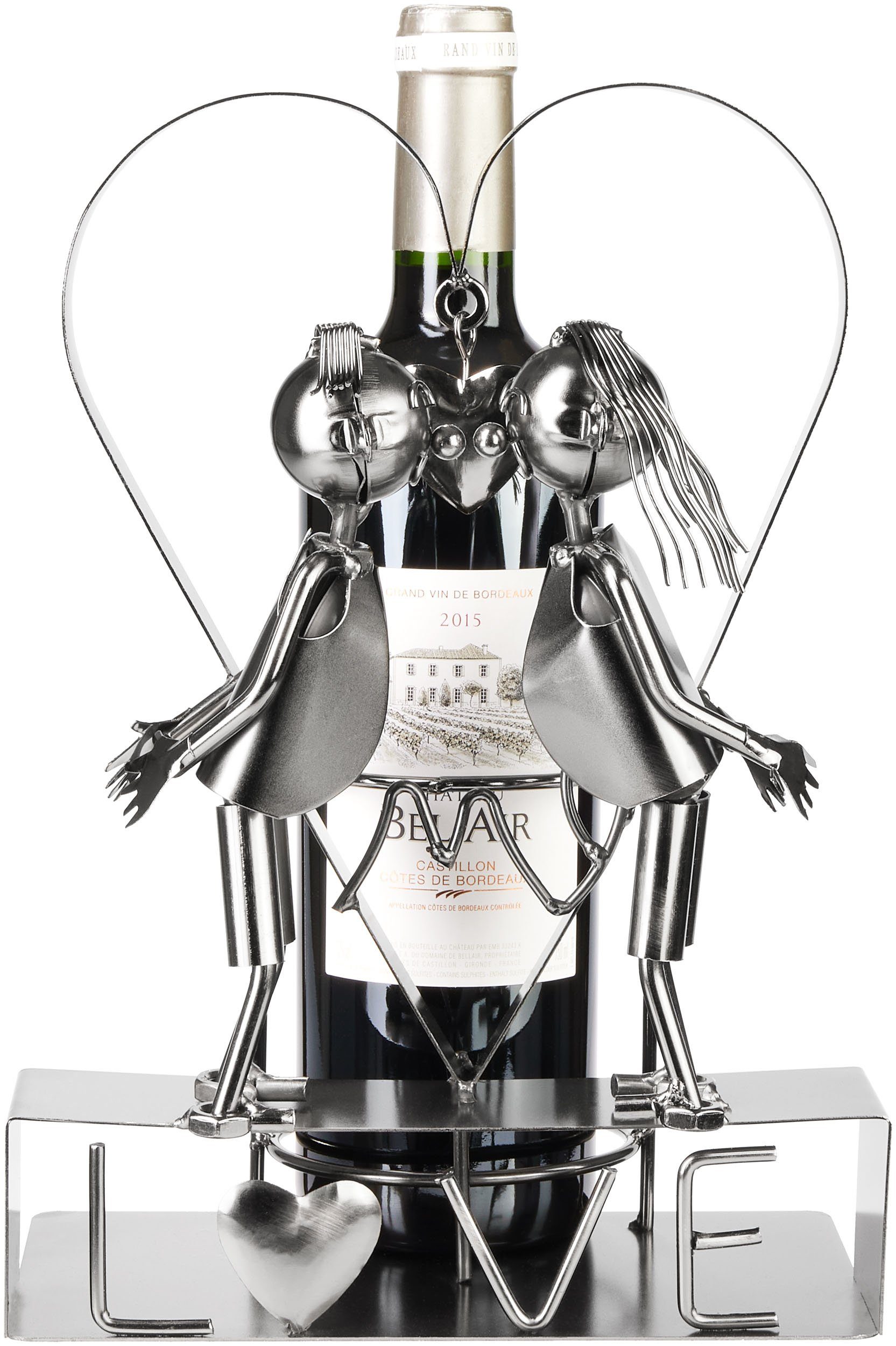 BRUBAKER Weinflaschenhalter LOVE Liebespaar im großen Herz - Metall Flaschenhalter, (Flaschenständer mit Grußkarte, 1-St., zum Valentinstag, Hochzeit oder Geburtstag), 29 cm Wein Geschenk für Paare
