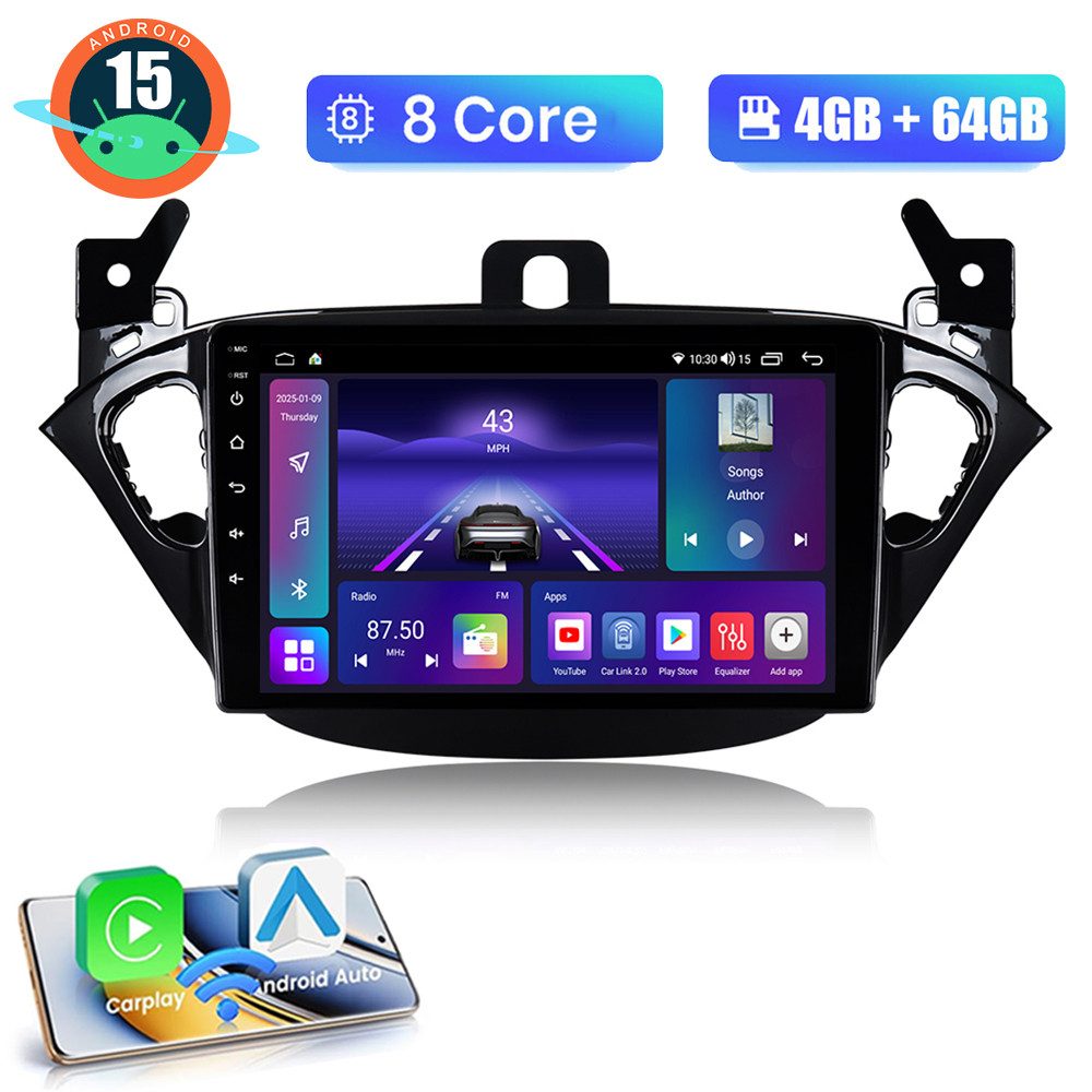 A-Sure 9" Für Opel Corsa E 2015-2019 4+64G Carplay WiFi GPS Navi Bluetooth5.0 Autoradio (Digitalradio (DAB), FM, AM, RDS, 1280*800 IPS Screen/8-Core CPU)