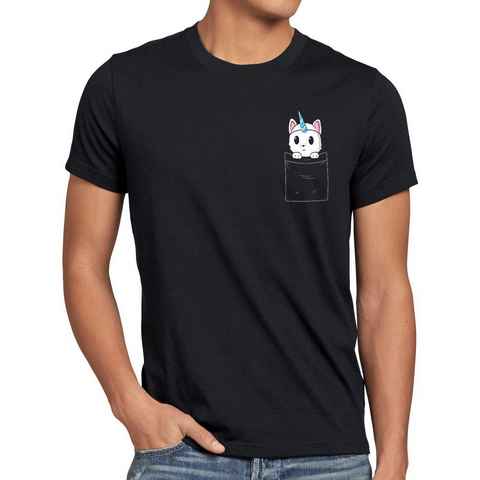 style3 Print-Shirt Herren T-Shirt Unicorn Pocket Cat Einhorn Katze Brusttasche Fun lustig tasche
