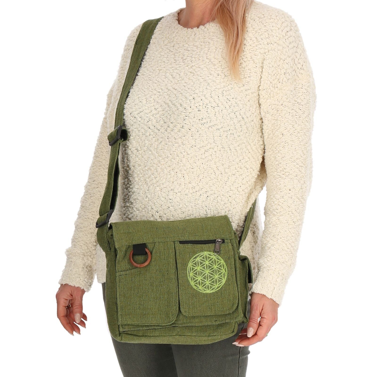 Handtasche Tasche UND Hippie KUNST Umhängetasche +Schulterriemen Lebensblume Grün MAGIE Schultertasche
