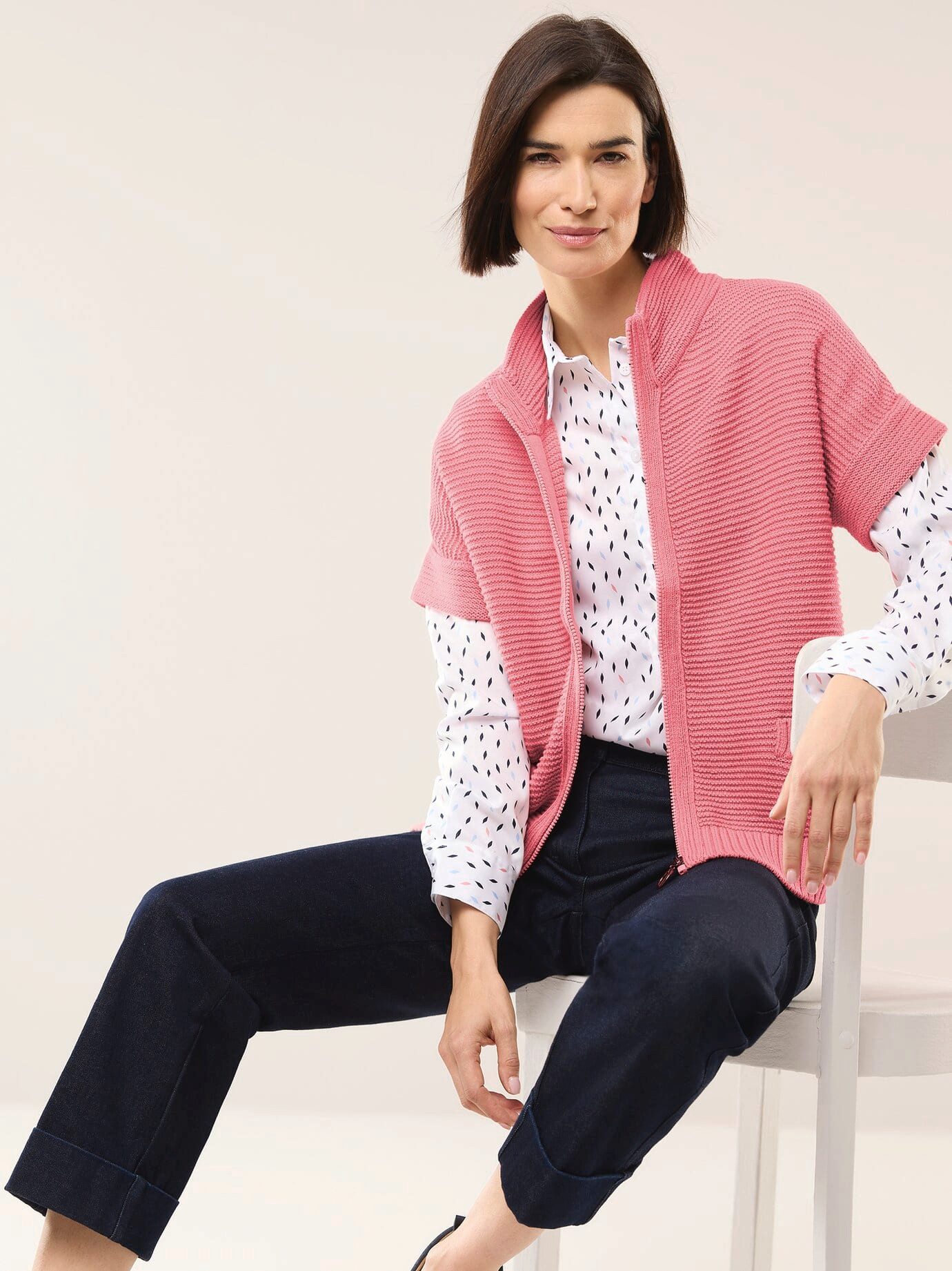 Walbusch Strickweste Damen Baumwoll-Zip-Strickweste atmungsaktiv pflegeleicht Weste mit Stehkragen, Reißverschluss, 2 Taschen, formbeständig