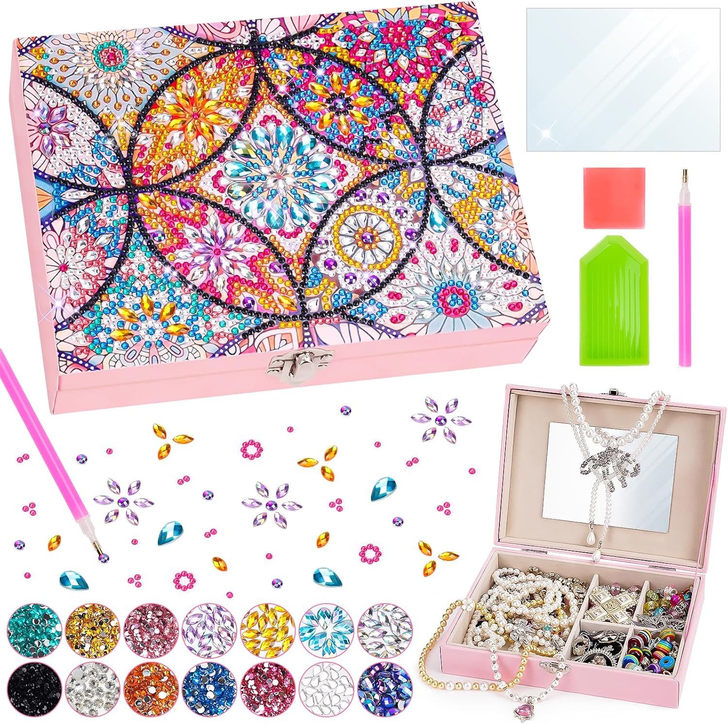 Eichhoo Kreativset Diamond Painting Schmuckkästchen Bastelset Kinder mit Spiegel, (Kinder Bastelset Schmuckbox Diamond Painting DIY Set Mandala, Bastelset Schmuckkästchen Diamond Painting mit Zubehör Set), DIY Schmuckkästchen mit Spiegel Mandala Design Ba