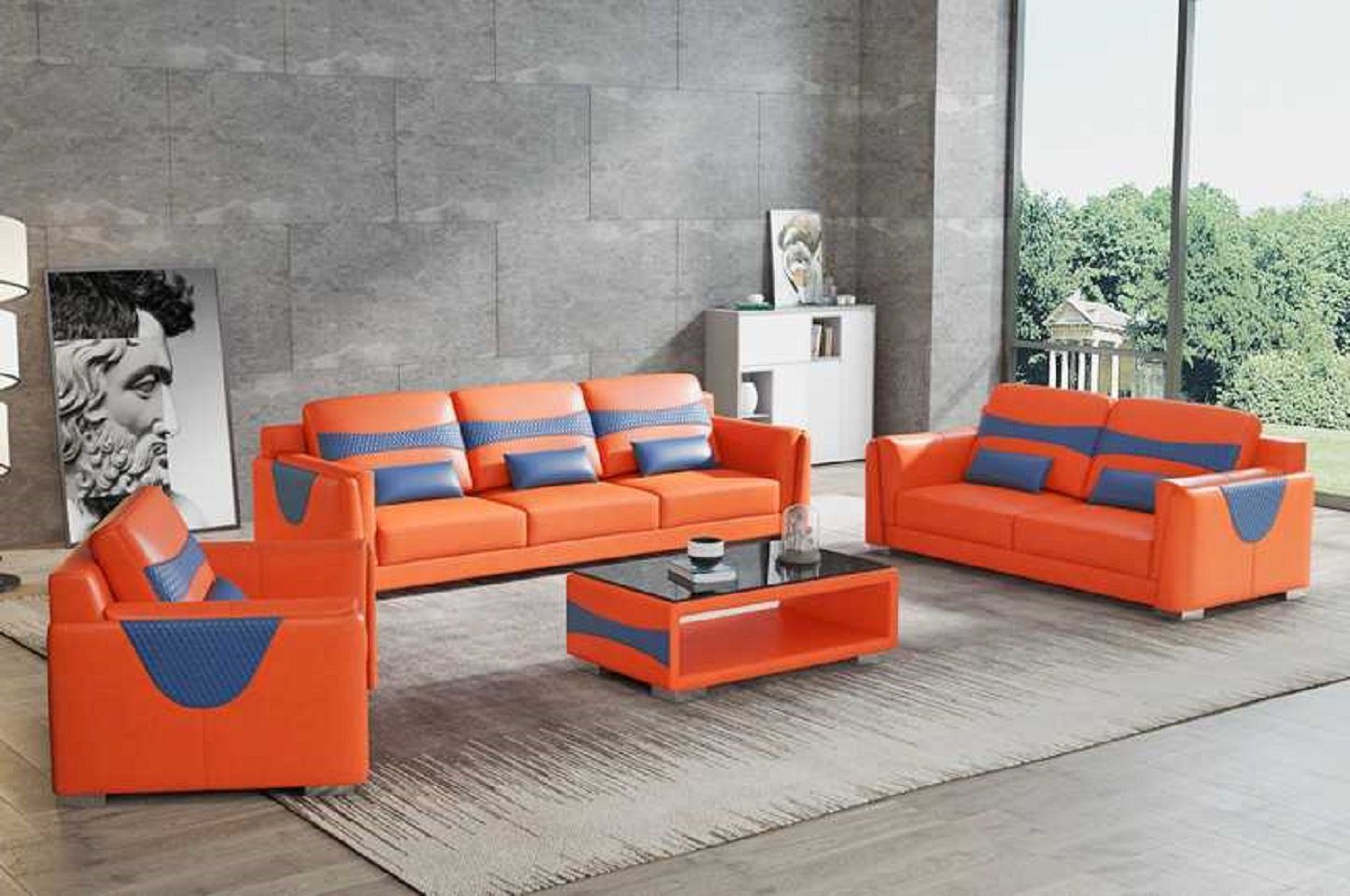 JVmoebel Wohnzimmer-Set Sofagarnitur Luxus Komplette Couchgarnitur Kunstleder Sofa 321, (3-St., Nur Sofa 2+3 Sitzer + Sessel), Made in Europe Orange/Blau
