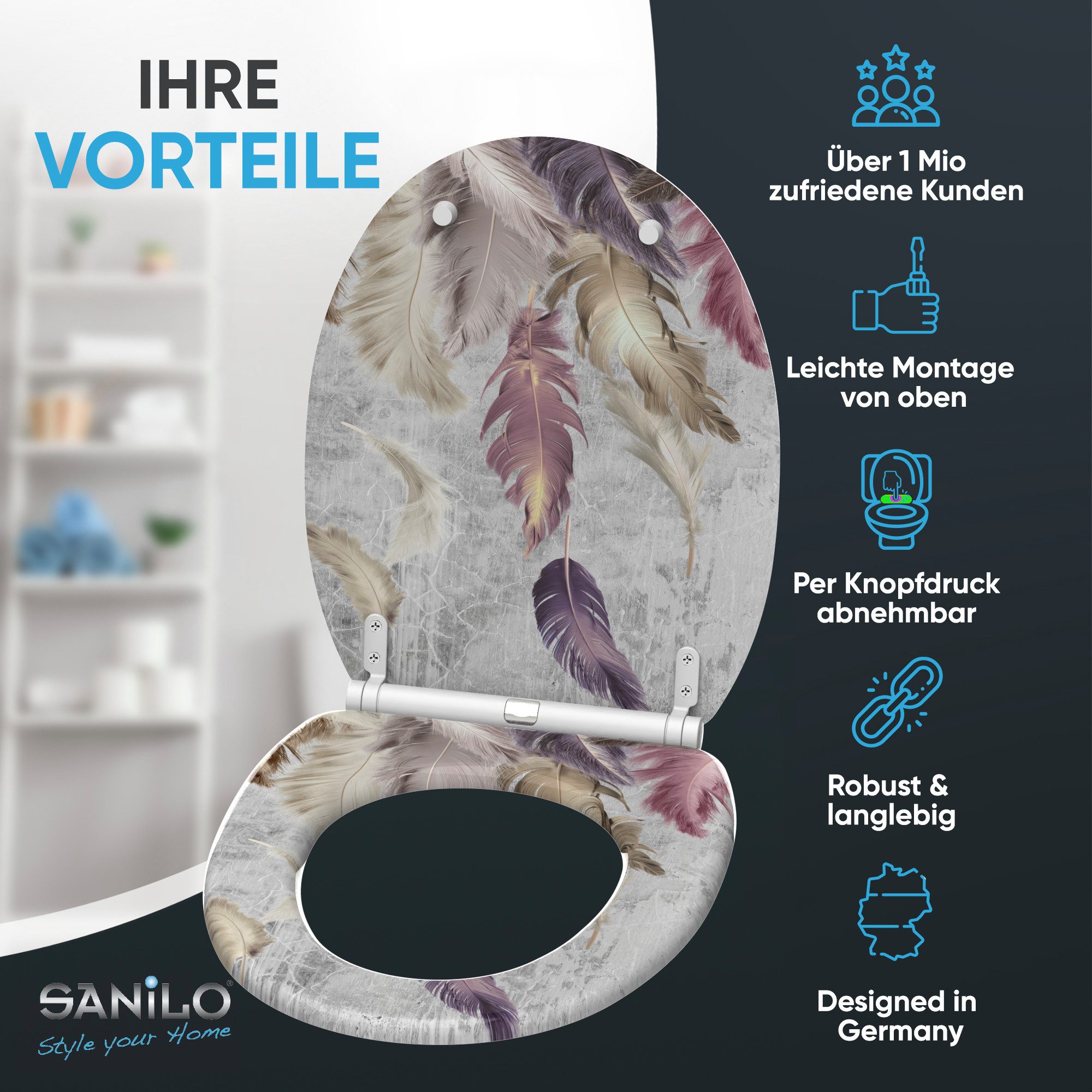 Sanilo WC-Sitz mit Absenkautomatik, viele Toilettendeckel direkt vom Hersteller, hochwertig & modern, universell, leichte Montage