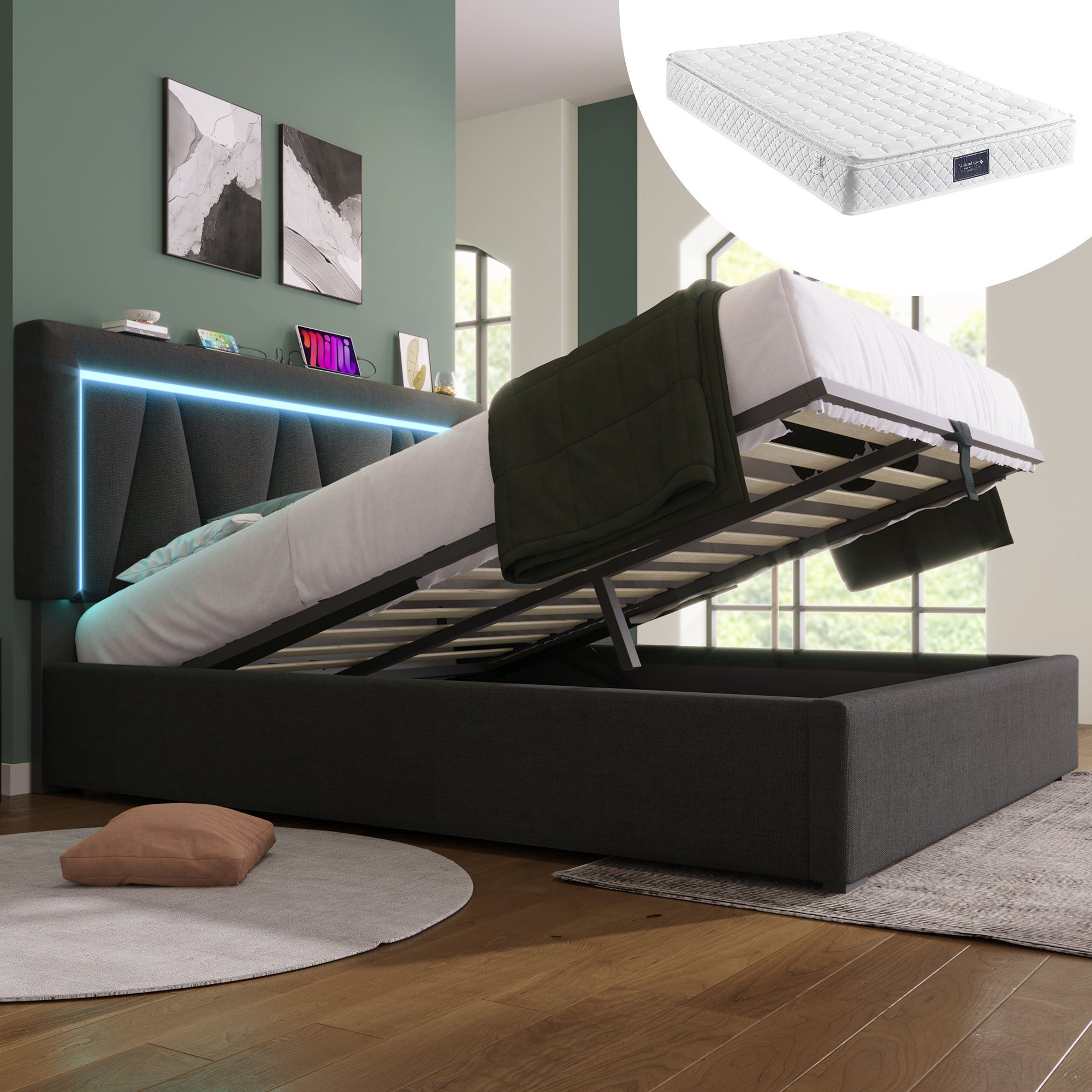 Polsterbett (Stauraumbett mit Lattenrost, 140x200cm), LED Doppelbett mit USB Typ C Ladefunktion, Leinen, Inklusive Matratze