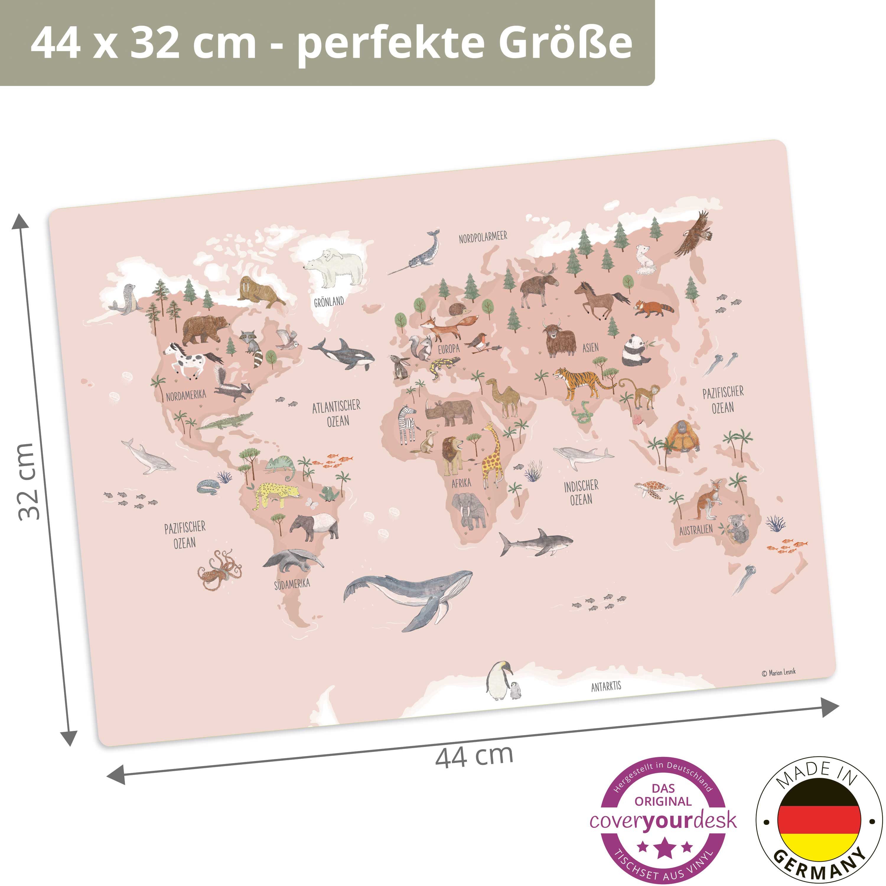 scriptum Platzset für Kinder - „Weltkarte Tiere rosa deutsch" - aus Premium Vinyl, (44x32 cm - rutschhemmend, abwaschbar, 1-St), Made in Germany – Bild 2 von 5
