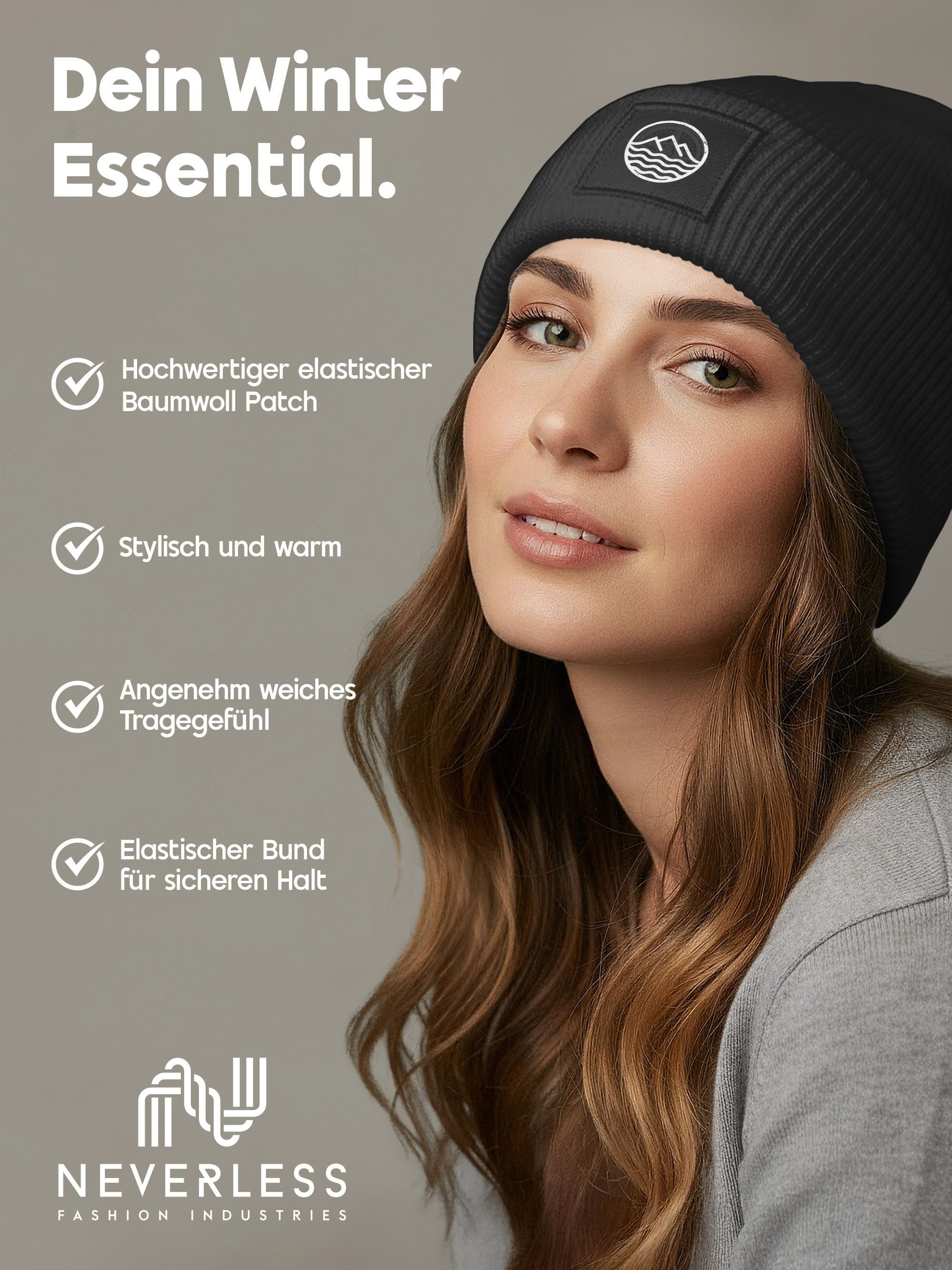 Neverless Strickmütze Damen Beanie mit Aufdruck Outdoor Logo Print Berge Meer Wintermütze