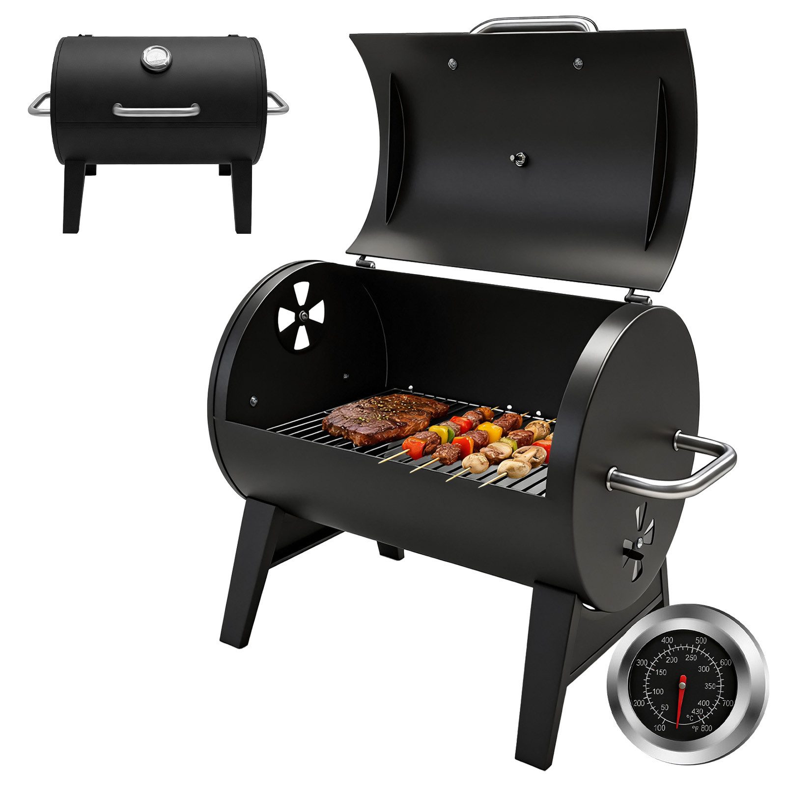 SunJas Holzkohlegrill Tragbarer Campinggrill Tischgrill mit Deckel und Thermometer, Smoker Räucherofen, Barrel-Design,Grillfläche 43x32cm, für 3-5 Personen für Garten Picknick
