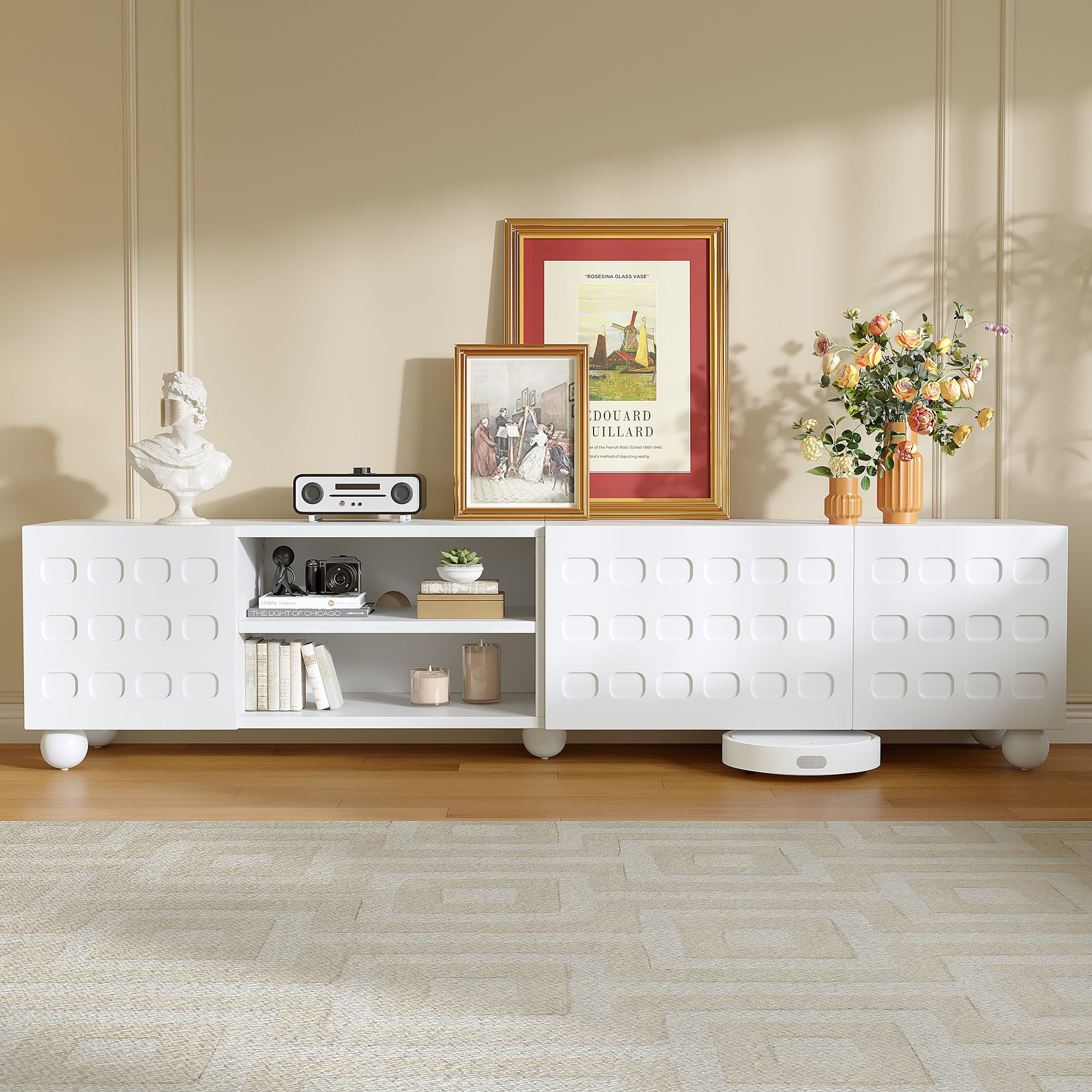 Merax Lowboard mit bedrucktem Design (200 x 40 x 44 cm, 1 St., Wohnzimmerschrank für Fernseher bis 80 Zoll), TV-Schrank mit 3 Türen, offenen Fächern & stabilen Füßen