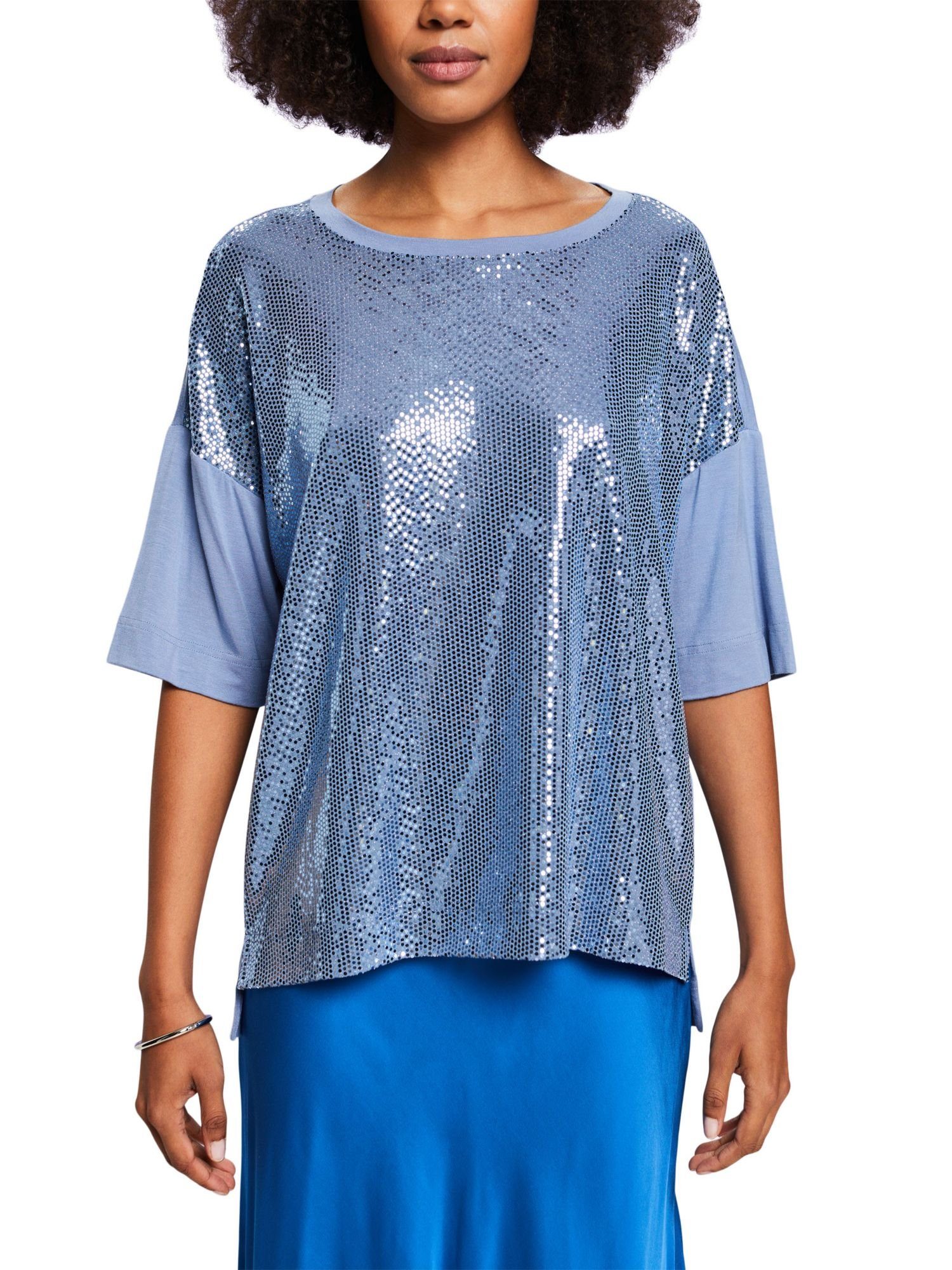 Collection Oversize-T-Shirt mit Esprit LAVENDER (1-tlg) T-Shirt BLUE Paillettenapplikation
