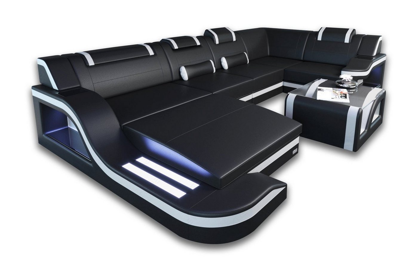 Sofa Dreams Wohnlandschaft Sofa Ledercouch Leder Palermo U Form Ledersofa, Couch, mit LED, wahlweise mit Bettfunktion als Schlafsofa, Designersofa