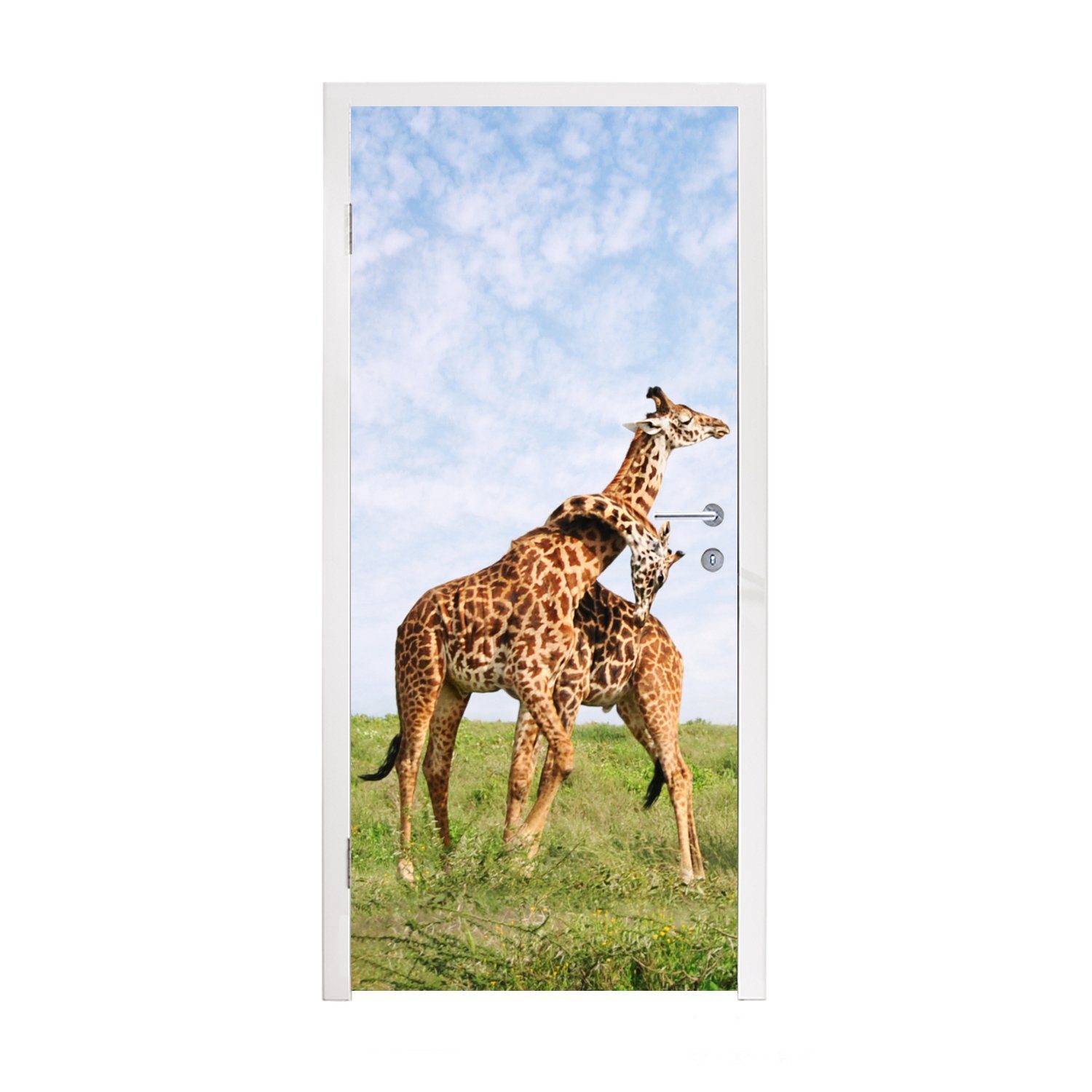 MuchoWow Türtapete Zwei Giraffen in den Savannen des Serengeti-Nationalparks in Afrika, Matt, bedruckt, (1 St), Fototapete für Tür, Türaufkleber, 75x205 cm