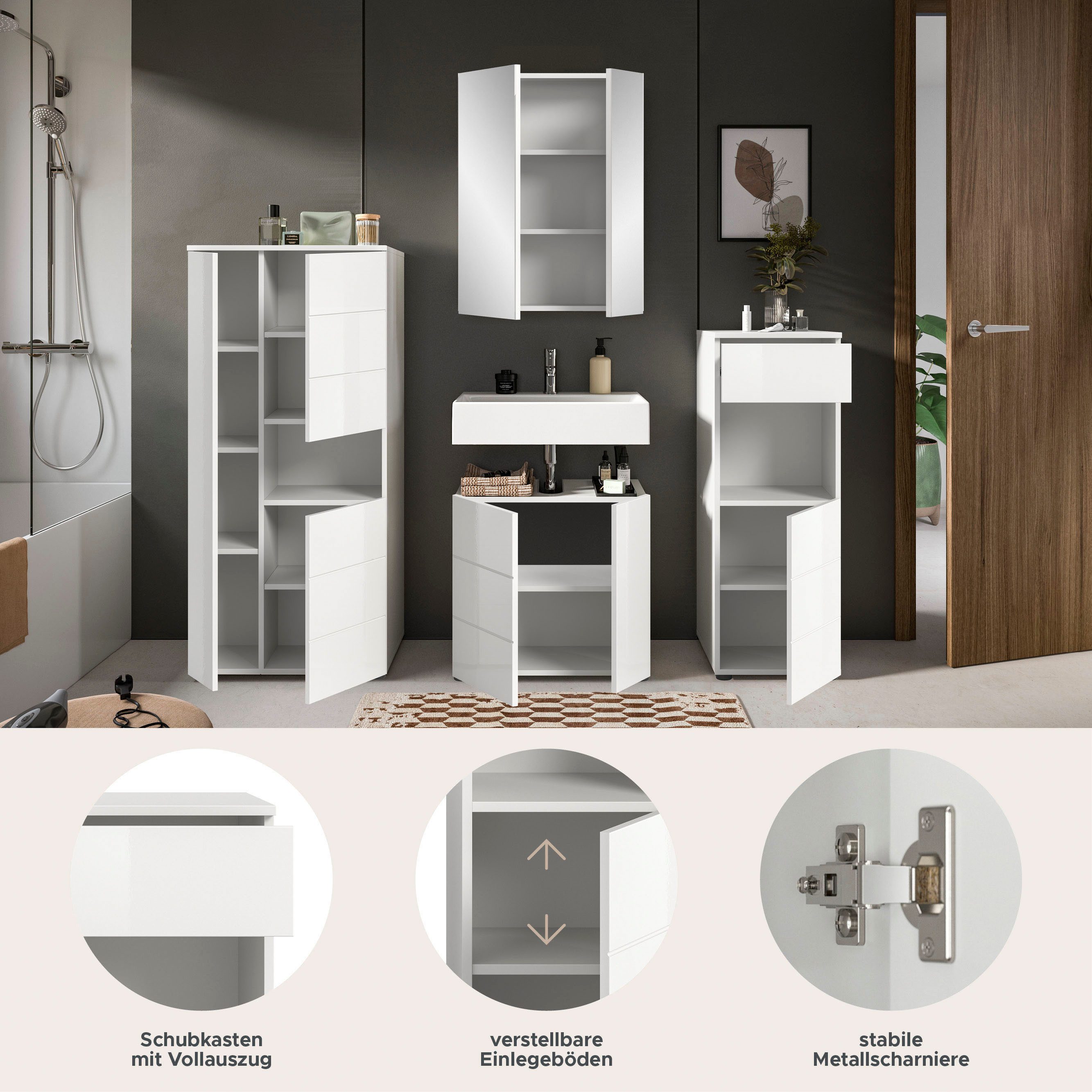 welltime Badmöbel-Set Biel, Höhe 190 cm, Midischrank, Unterschrank, Spiegel, Standschrank, (4-St), Bad Set, modernes Design, Hochschrank, Unterschrank, Spiegel