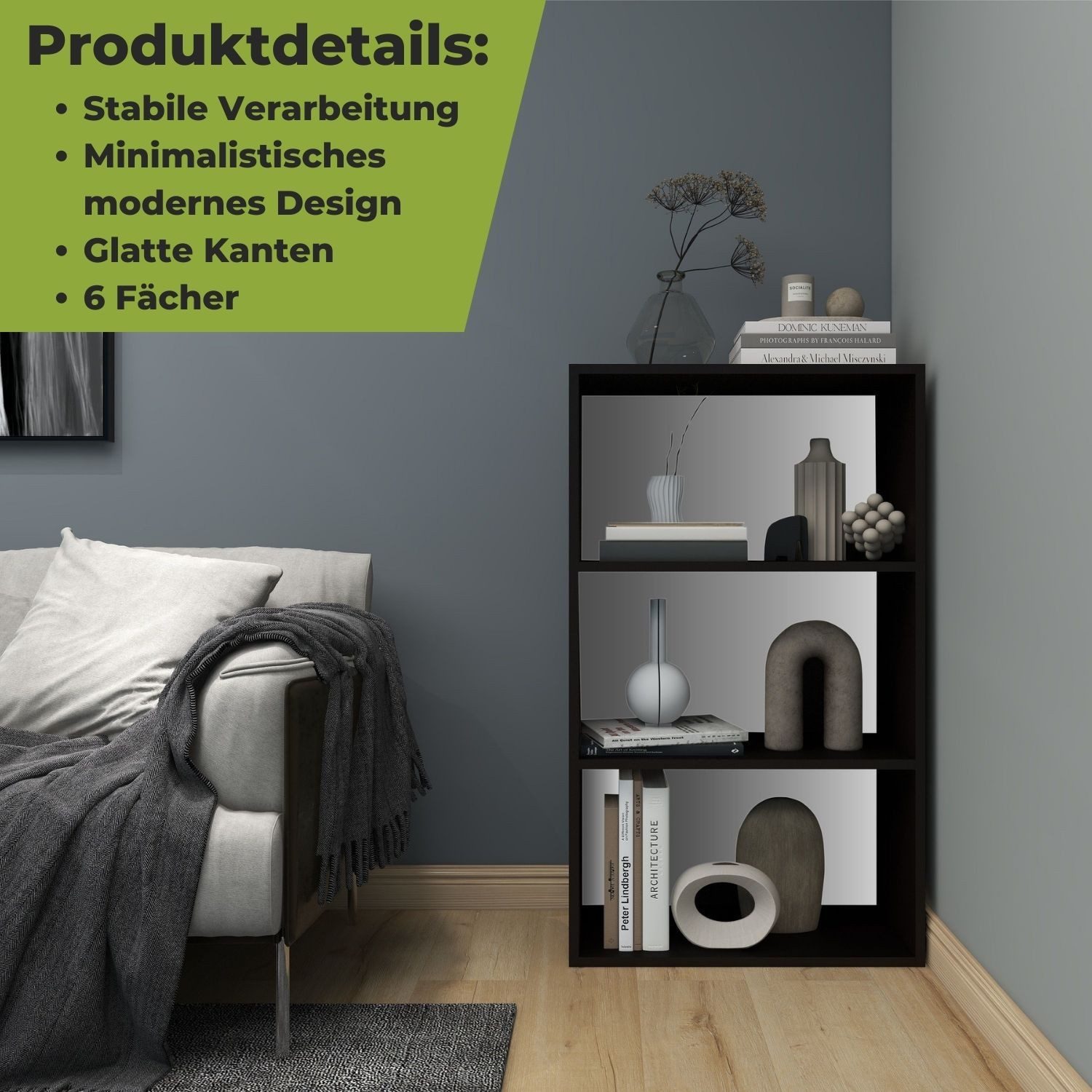 Coemo Standregal DELTA-3, Schwarz Bücherregal 65x25x110 cm MDF Regal Aktenregal kombinierbar