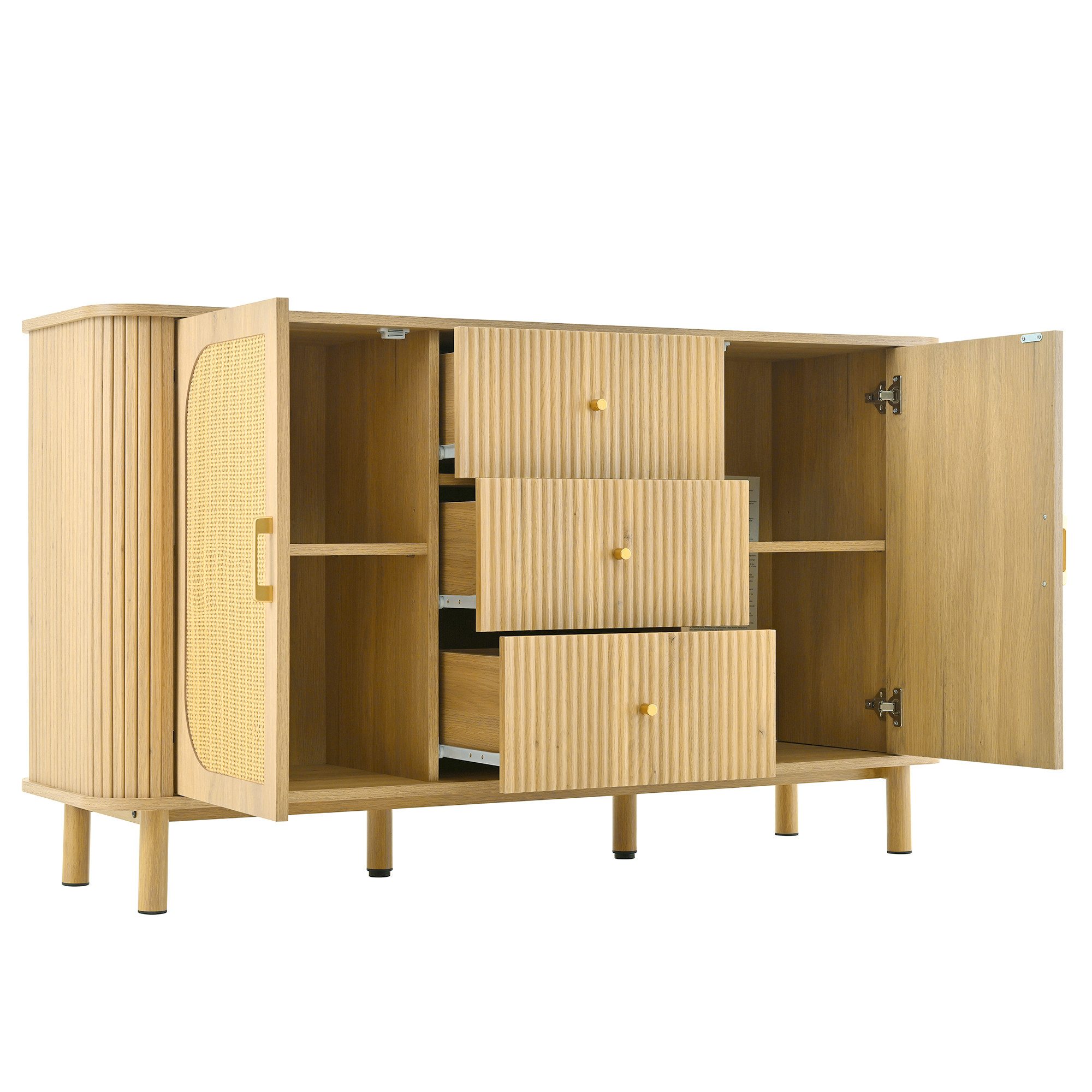 Merax Sideboard mit Metallbeinen in Holzmaserung, Abgerundetes Design (Für Wohnzimmer & Esszimmer, 1 St., Stauraum & praktischer Kabelöffnung), Kommode mit 3 Schubladen, Rattantüren & halbovalen Türen, 140x40x80cm