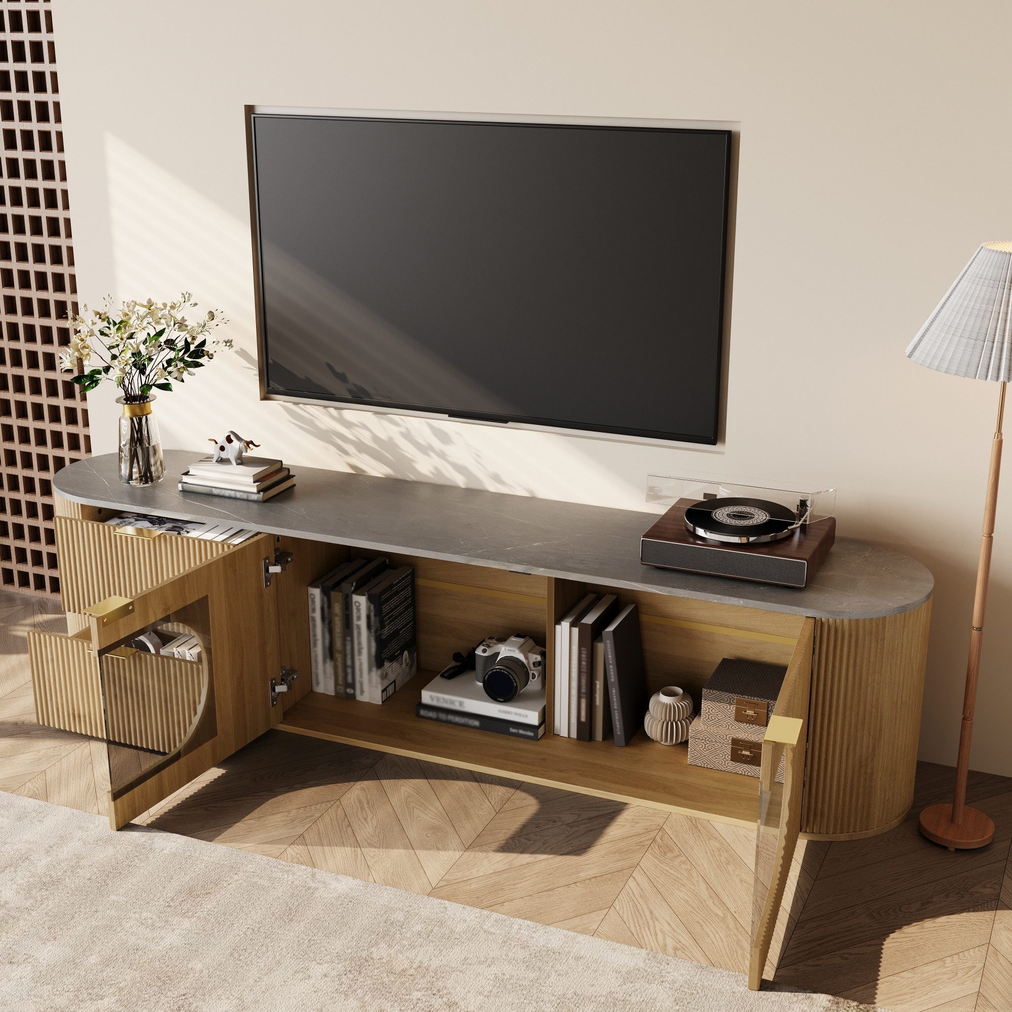 STILVORA TV-Schrank mit Schubladen minimalistischer Lowboard mit Mehrzonen-Stauraum (TV-Ständer mit Schranktüren mit vertikalen 3D-Streifen, mit Ovale Glasvitrine, Großzügige Arbeitsfläche) ideal zur Präsentation von Dekoartikeln, Audiogeräten