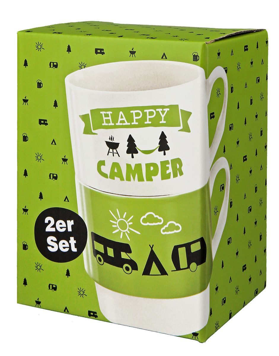 GILDE Tasse 2tlg. Set, Stapeltassen, "Camper", Schriftzug, Wohnwagenmotiv, 2-tlg., Porzellan