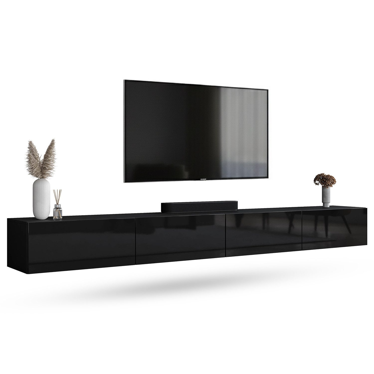 Planetmöbel TV-Schrank West TV-Board, Fernsehtisch 280 cm lang, TV-Lowboard (für Fernseher bis 65 Zoll, TV Schrank viel Stauraum, 2-St., sideboard hängend, Fernsehschrank 2x 140 x 30 x 37,5 cm) schwarz